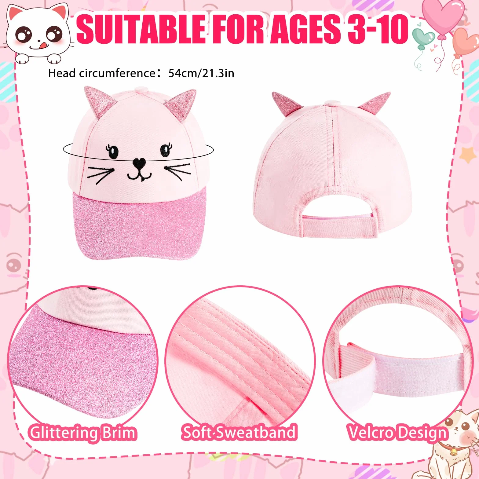 Gorra de Béisbol para Niñas con Orejas de Gato, Gafas de Sol Protección UV Ajustable Sombrero de Lentejuelas Visera