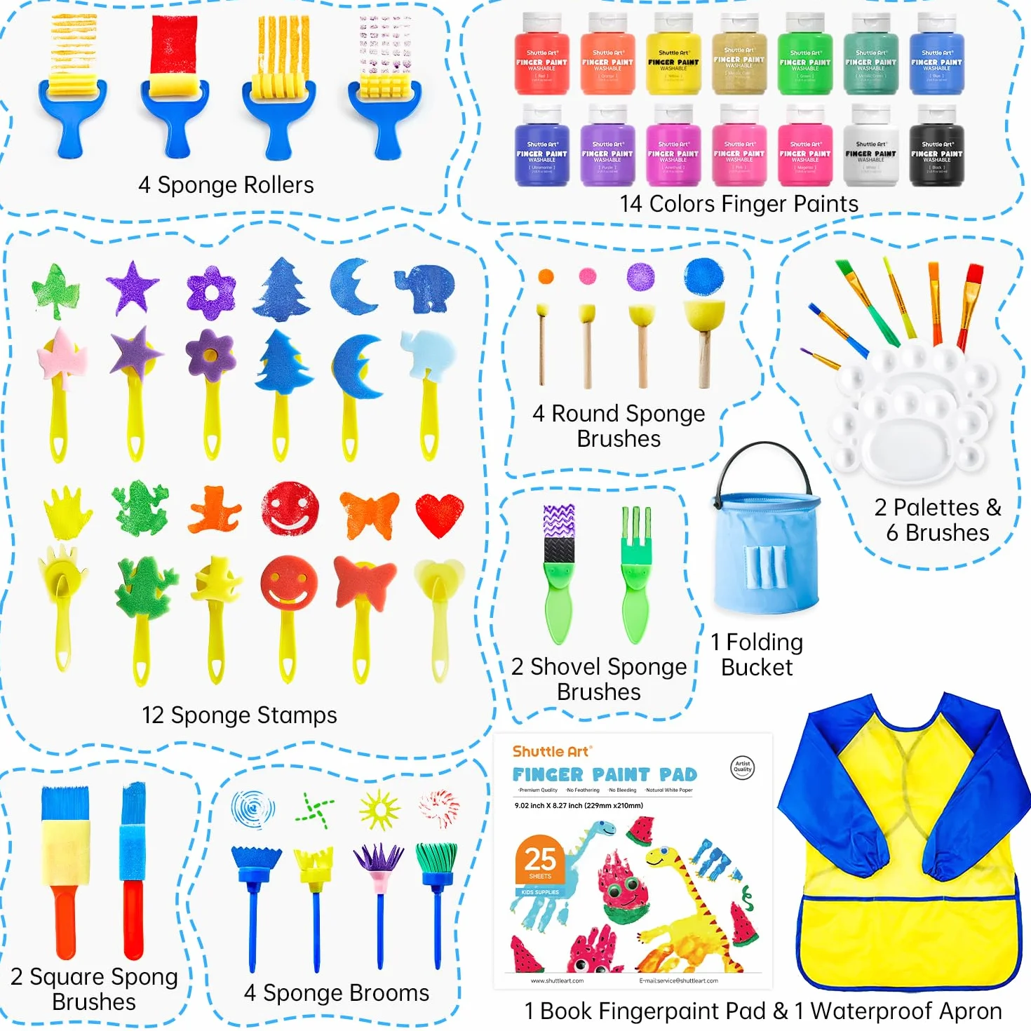Shuttle Art Pintura de Dedos para Niños, 53 Piezas Kit Pintura Niños, 14 Colores Pintura Dedos Bebe No Toxica, Juego Completo de Herramientas, Pincel, Tampón de Pintura, Esponja, Paleta, Bata