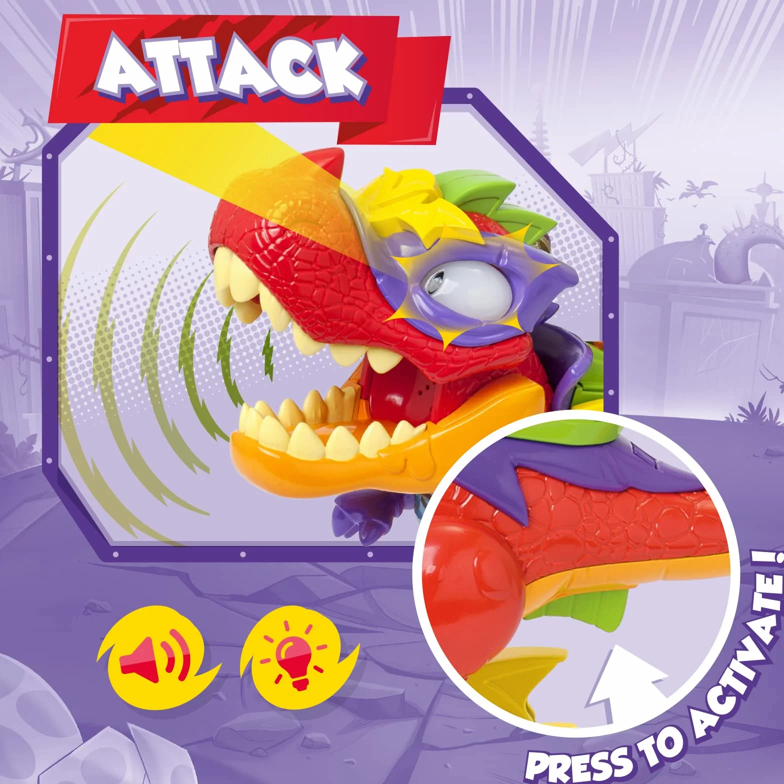 SUPERTHINGS RIVALS OF KABOOM Superdino V-Rex, Dinosaurio articulado Villano con Efectos de luz y Sonido, 1 Kazoom Kid y 1 SuperThing