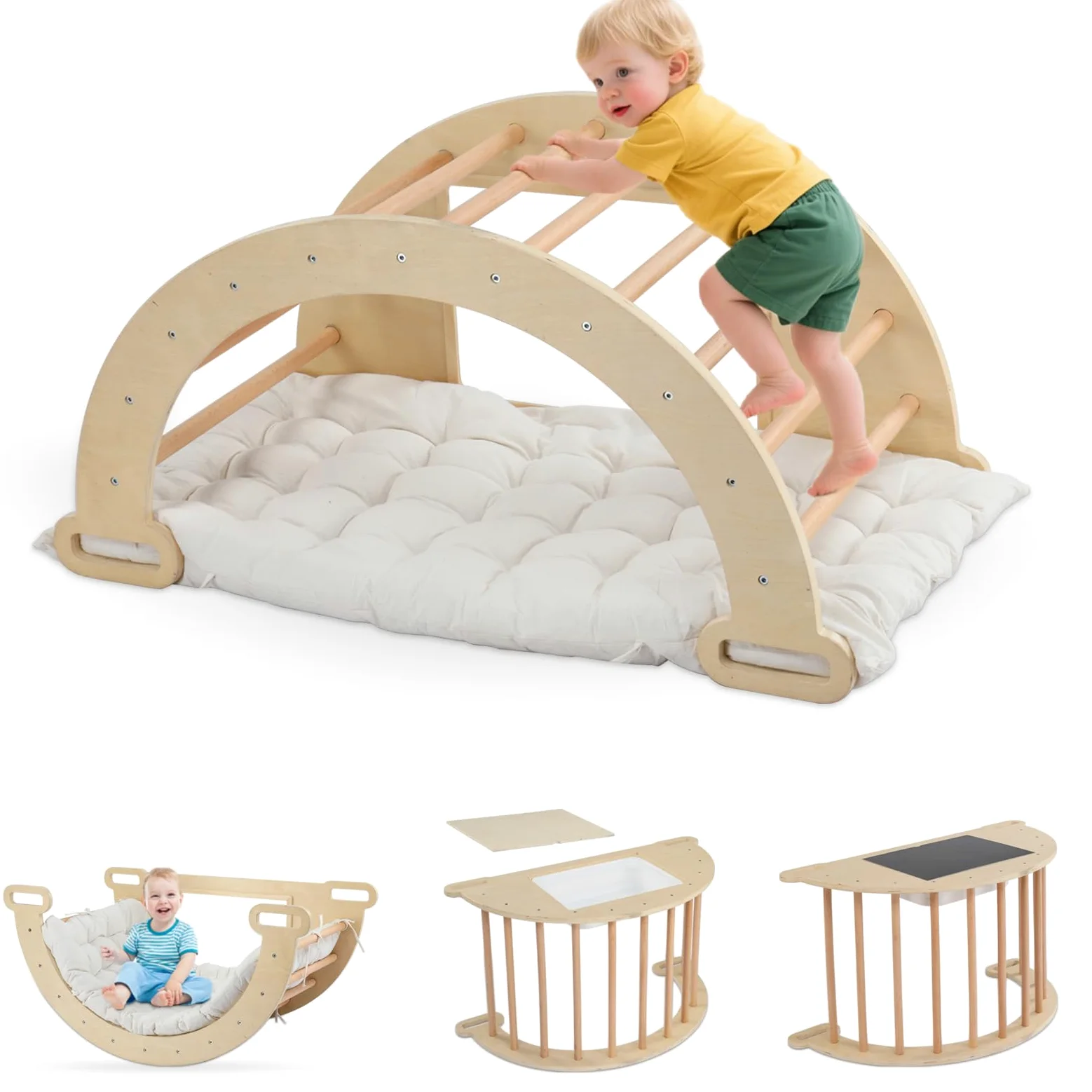 LEADZM Arco de escalada 5 en 1 para niños, mecedora con cojín y mesa sensorial, juguete de escalada Montessori con bandeja plegable y pizarra, centro de juegos motrices para bebés