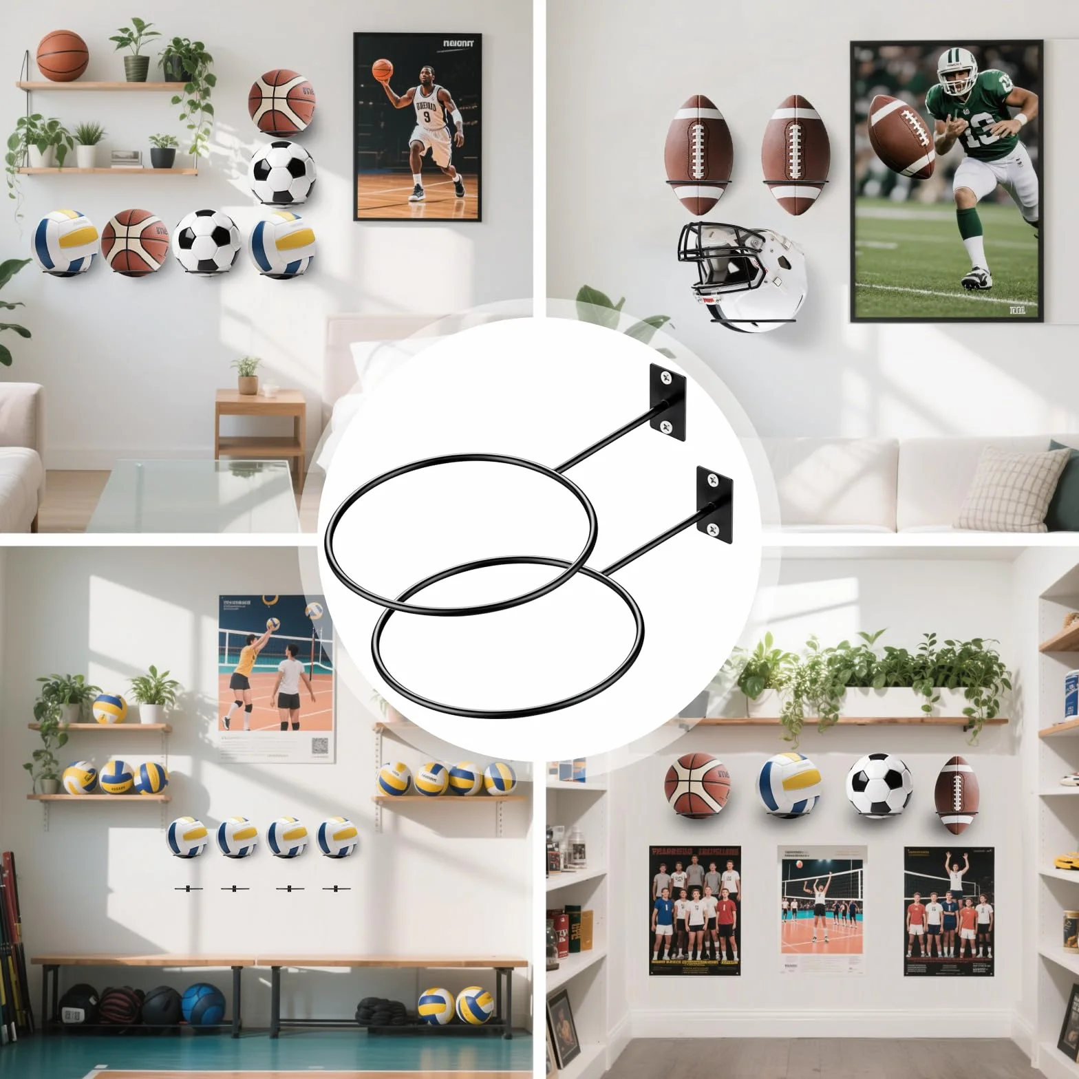 Soporte de pared para pelotas de baloncesto, voleibol, fútbol y rugby con tornillos
