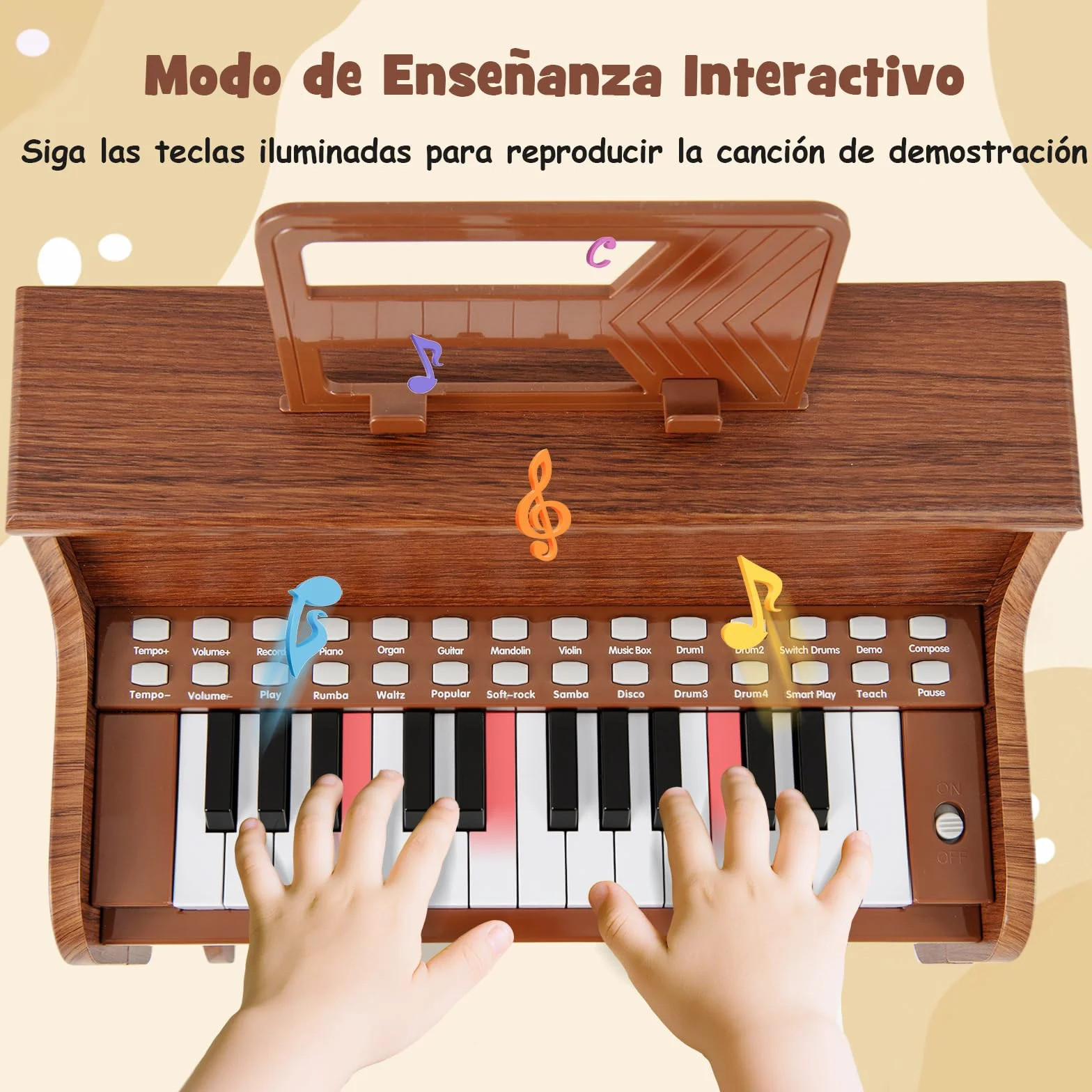 COSTWAY Piano Infantil de 25 Teclas con Taburete y Atril, Órgano Electrónico Niños con Velocidad y Volumen Ajustables, Modo de Enseñanza, Marco Madera, Instrumento Musical para Niños 3+ Años (Marrón)