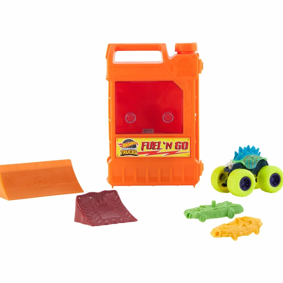 Hot Wheels Monster Trucks Reposta y arranca Pista para coches de juguete con forma de bidón de gasolina, incluye 2 vehículos, + 4 años (HXT04)