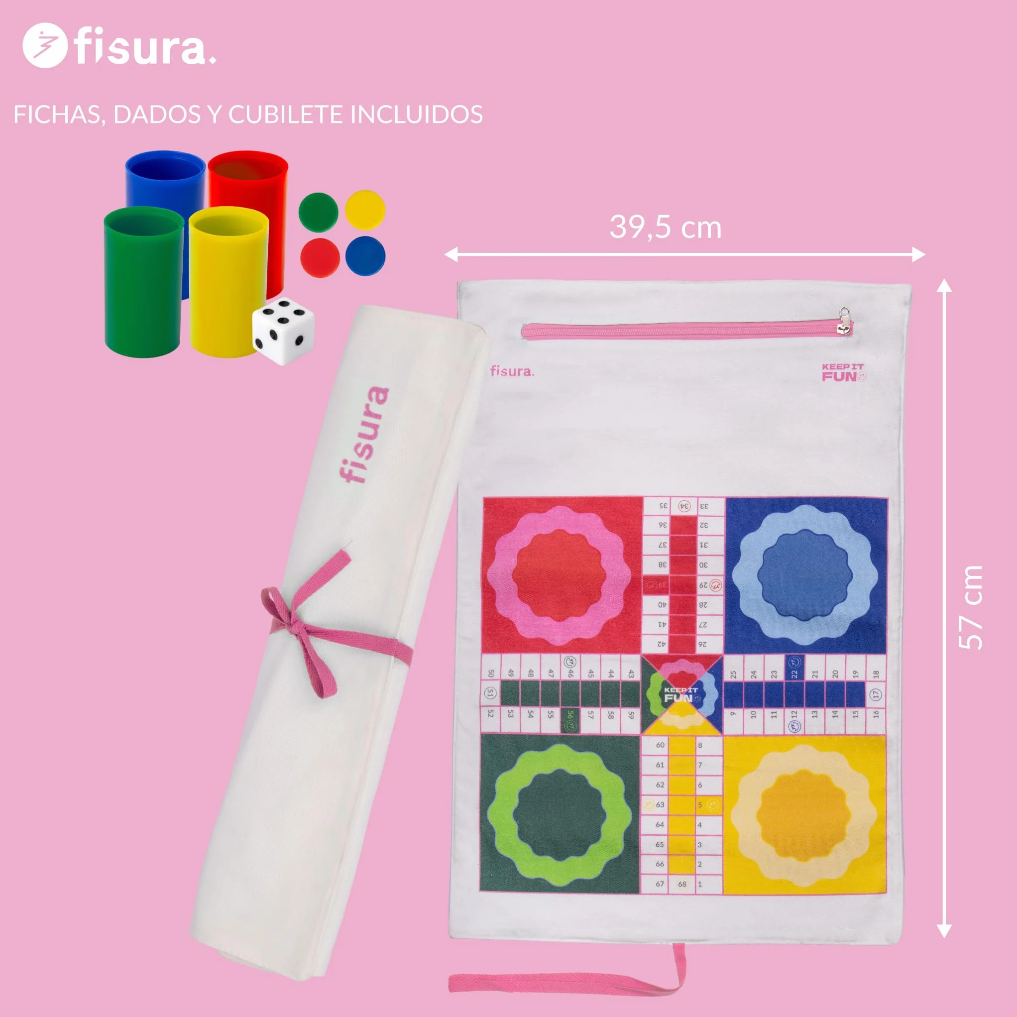 Fisura – Juego de Mesa portátil parchís. Juego de Viaje Enrollable para Playa, Viaje y escapadas. Parchís portátil Original. Fichas Incluidas. 40 cm x 9 cm