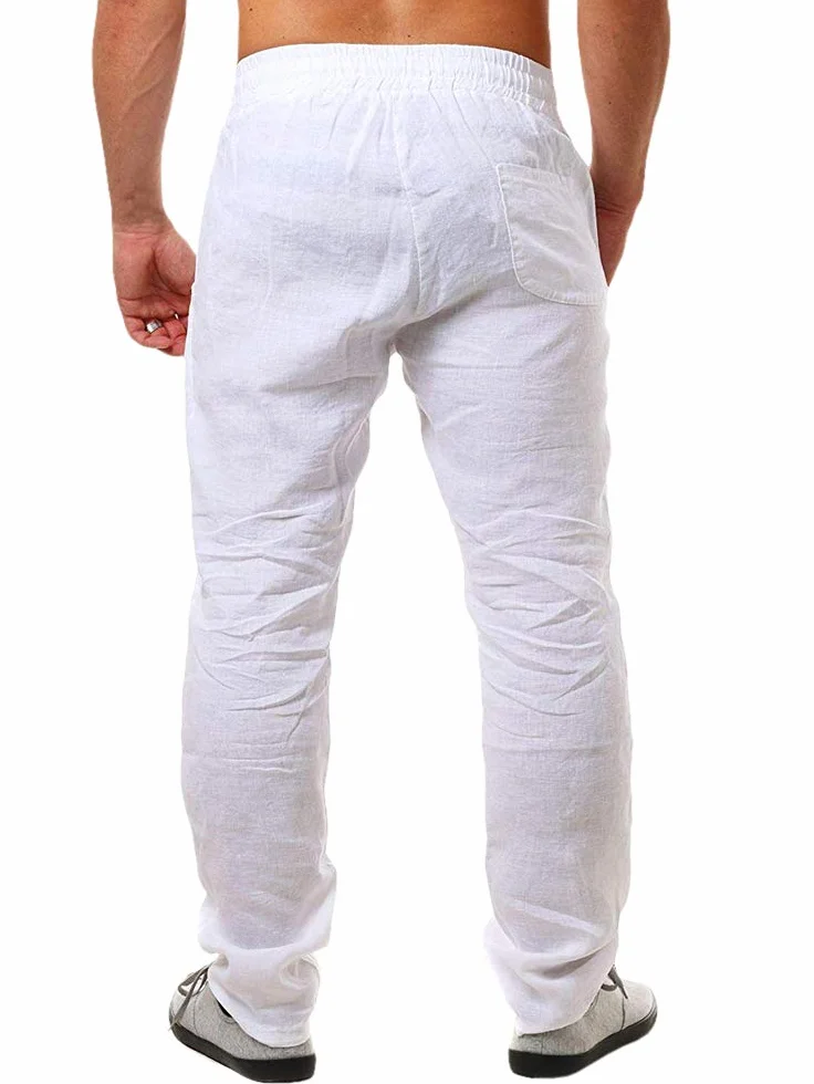 Pantalones de Lino para Hombre Lisos Largos Ligeros Holgados con Cordón