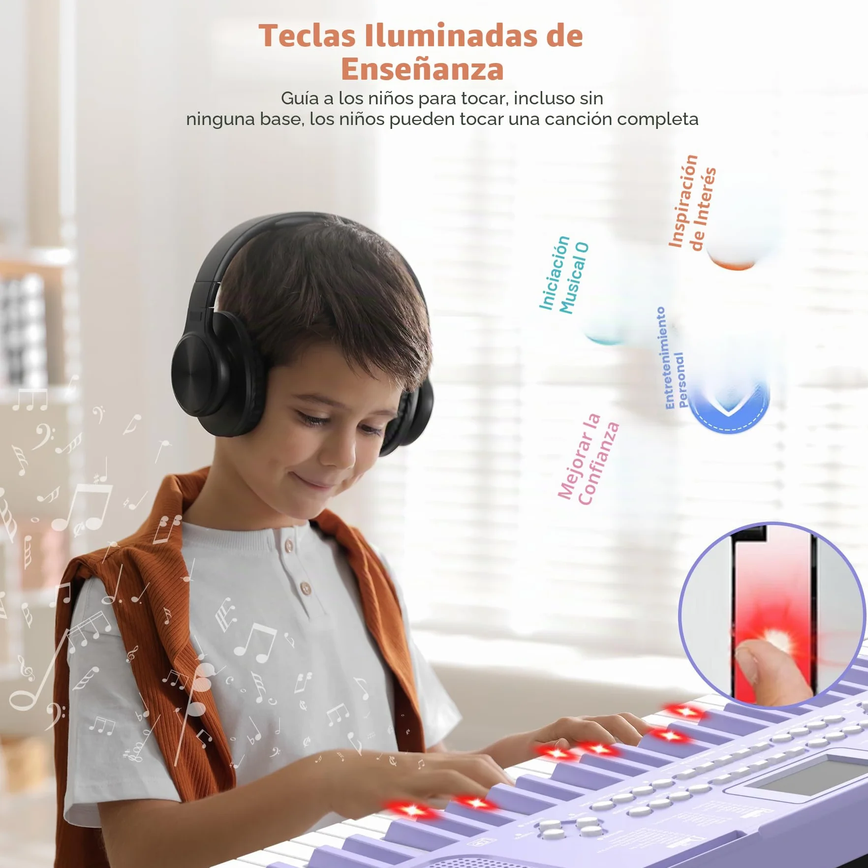 Piano digital electrónico para niños con teclas iluminadas, portátil, de 61 teclas, juguete musical educativo para principiantes con atril y micrófono. (Púrpura)