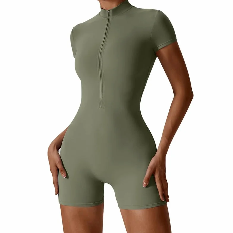 Litthing Mono Deportivo Mujer Corto Cremallera Elásticos Mangas Cortas Jumpsuit Sexy Ajustado Bodysuit Una Pieza Push Up Fitness Body Overol