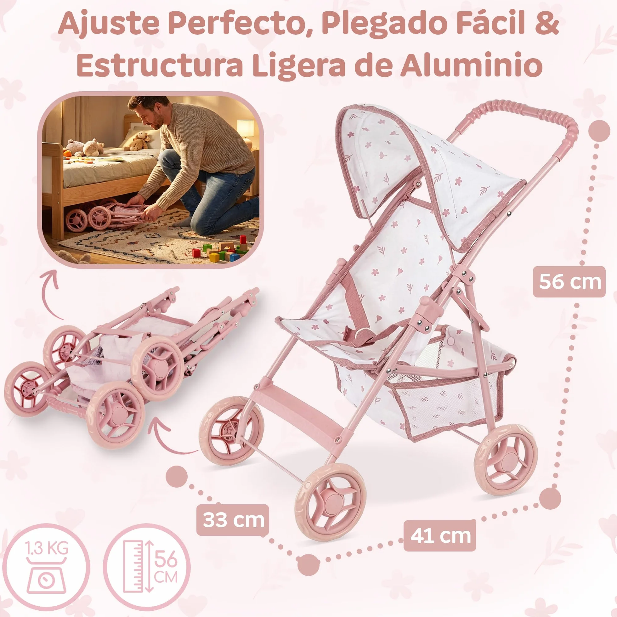 Kinderplay Cochecito de muñecas a Partir de 3 años: Cochecito Plegable Ligero para niñas con Ruedas EVA, cinturón y Visera – Cochecito de Juguete Rosa para muñecas
