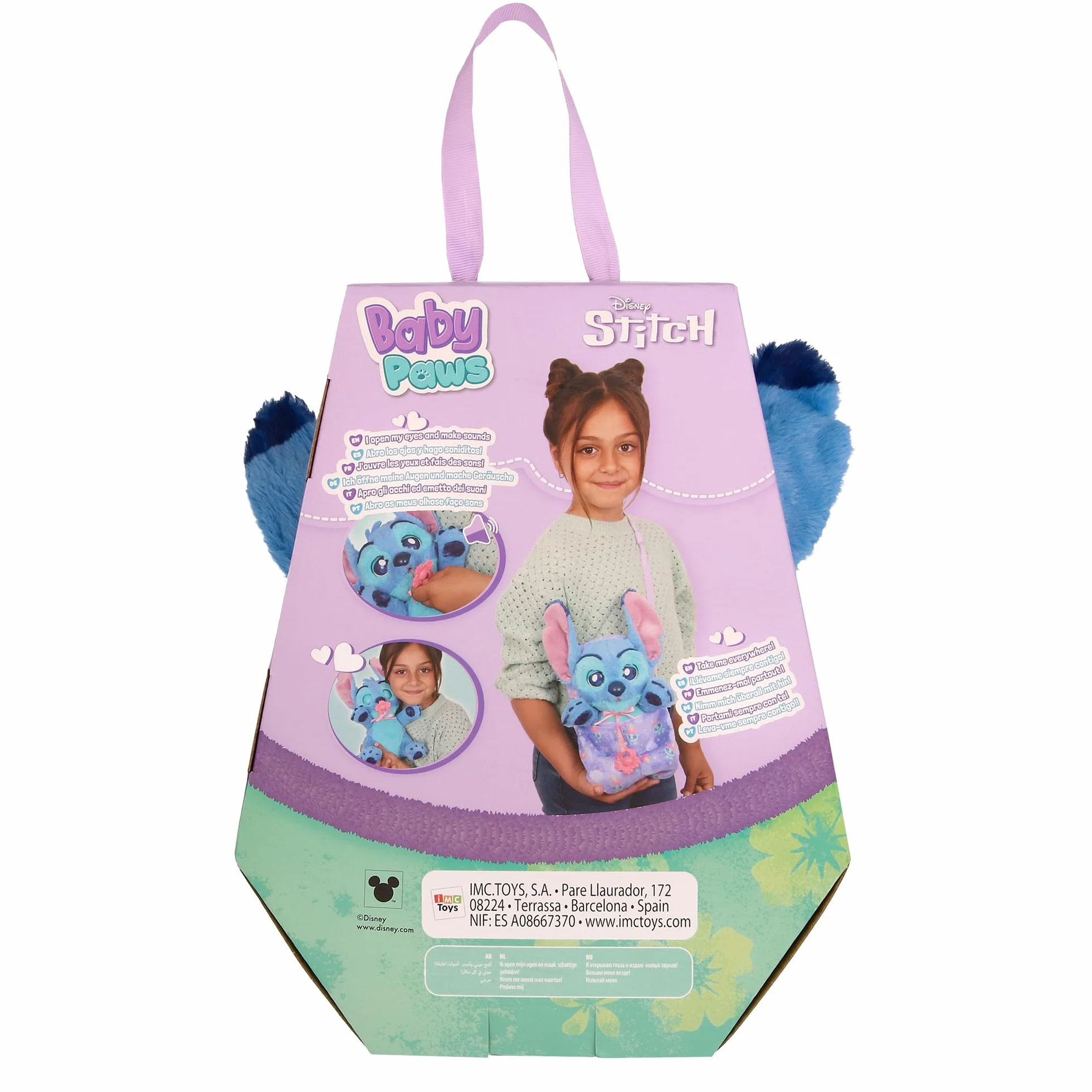 Baby Paws Stitch, Peluche Interactivo, con Sonidos Que Abre y Cierra los Ojos e Incluye una Bolsa para Llevarlo Contigo, Juguete Regalo para Niños y Niñas de 3 Años o Más