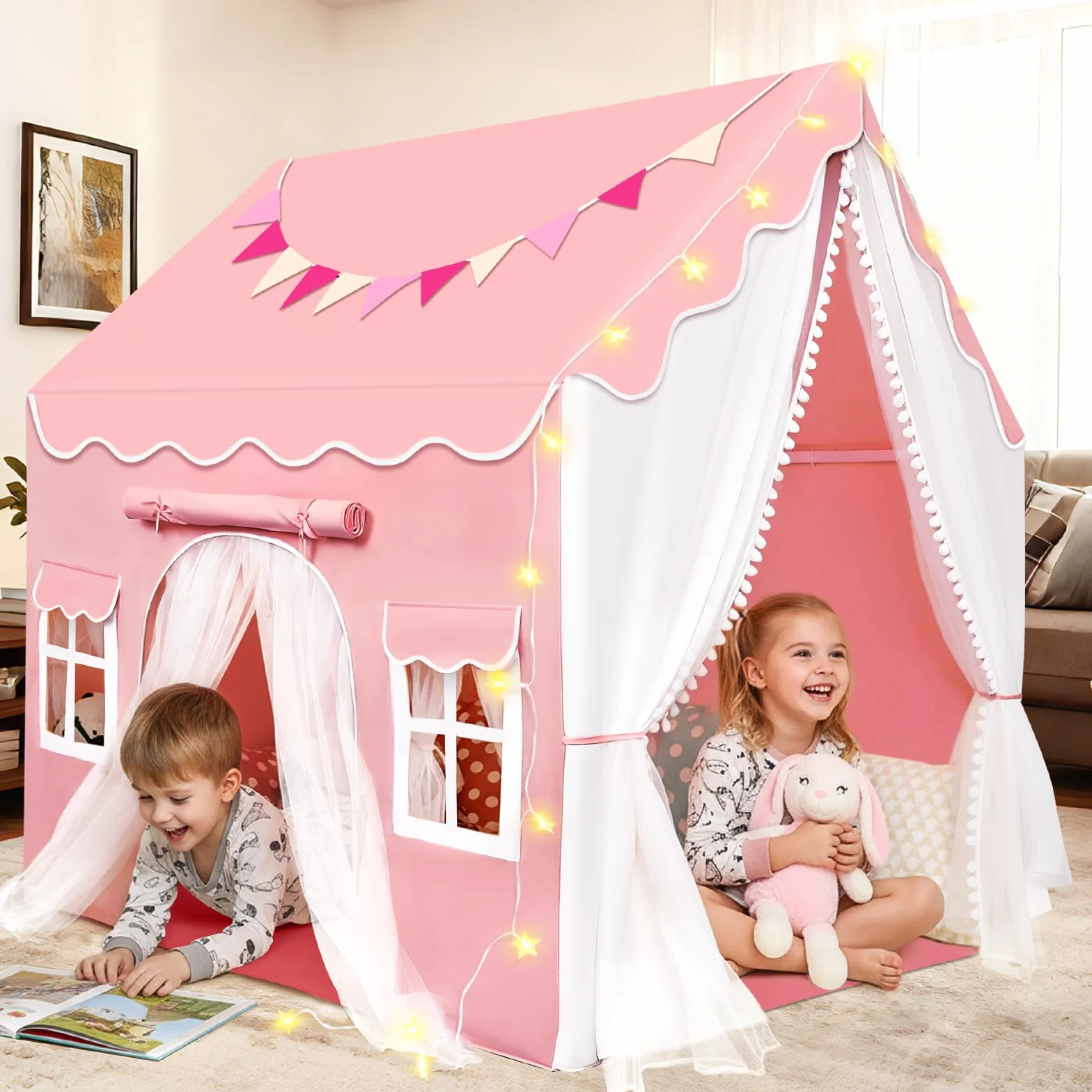 JONRRYIN Tienda Campaña Infantil con 2 Puertas, Cabañas para Niños con Luces Banderas y Bajera, Casitas Infantiles Tela Interior, Ideal Casita Infantil para Niños Niñas