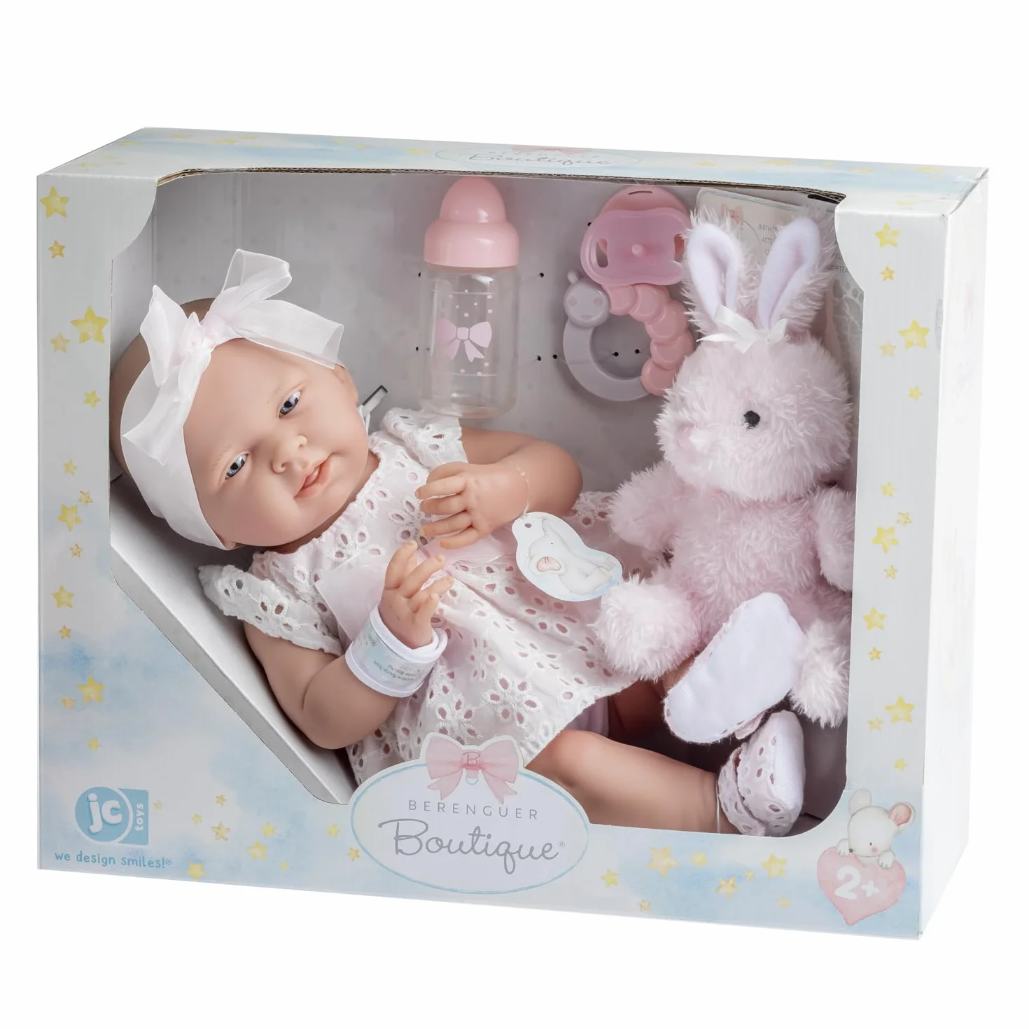 JC TOYS- Muñeca La Newborn recién Nacida de 38 cm es de Vinilo Suave, Ropa de algodón Calado y Accesorios, niña, Rosa, diseñado en España por Berenguer, 2 años