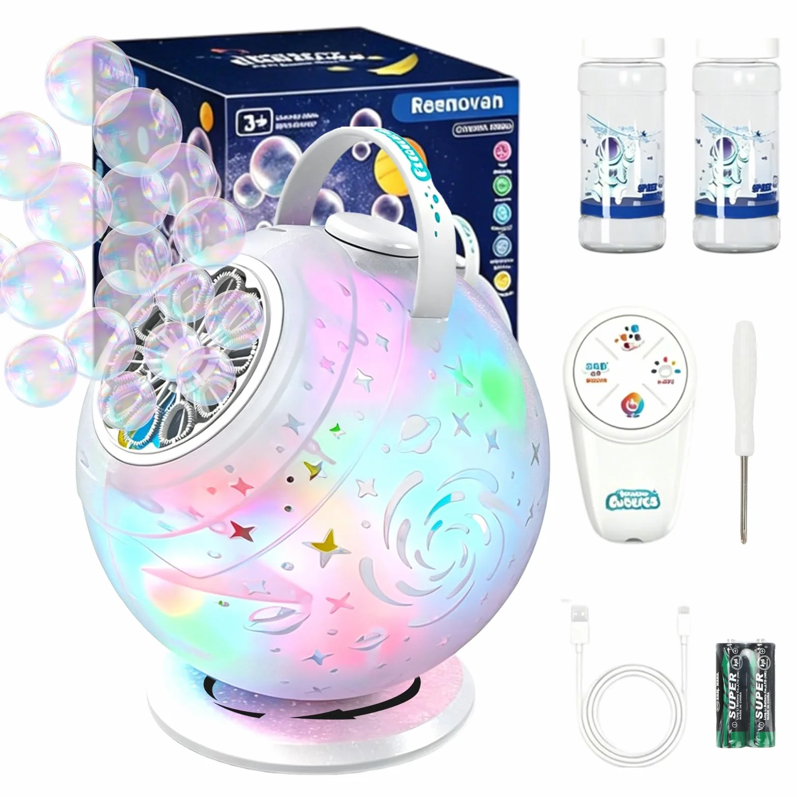 Máquina de pompas de jabón recargable con mando a distancia, 10 agujeros, rotación de 90°/360°, LED, USB-C 45 min tiempo de funcionamiento, burbujas grandes de jabón, para fiestas de