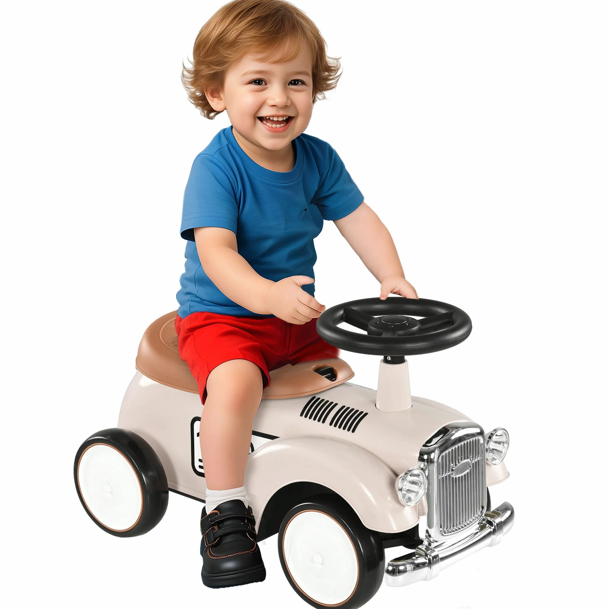 AIYAPLAY Correpasillos para Bebés de 12 a 36 Meses Coche sin Pedales con Bocina Compartimento de Almacenaje y Volante para Interior y Exterior 58x27x35 cm Crema