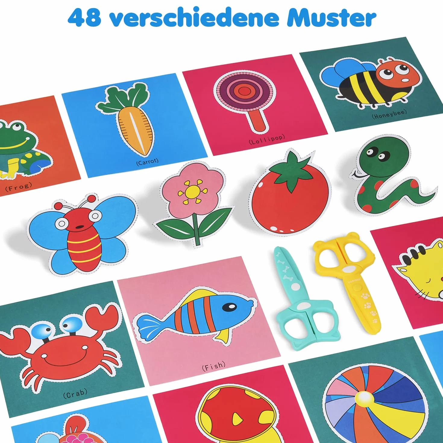 DealKits Juego de Corte Para Niños - 2 Tijeras de Seguridad + 48 Hojas - Actividades Divertidas Para Preescolar y Guardería - DIY