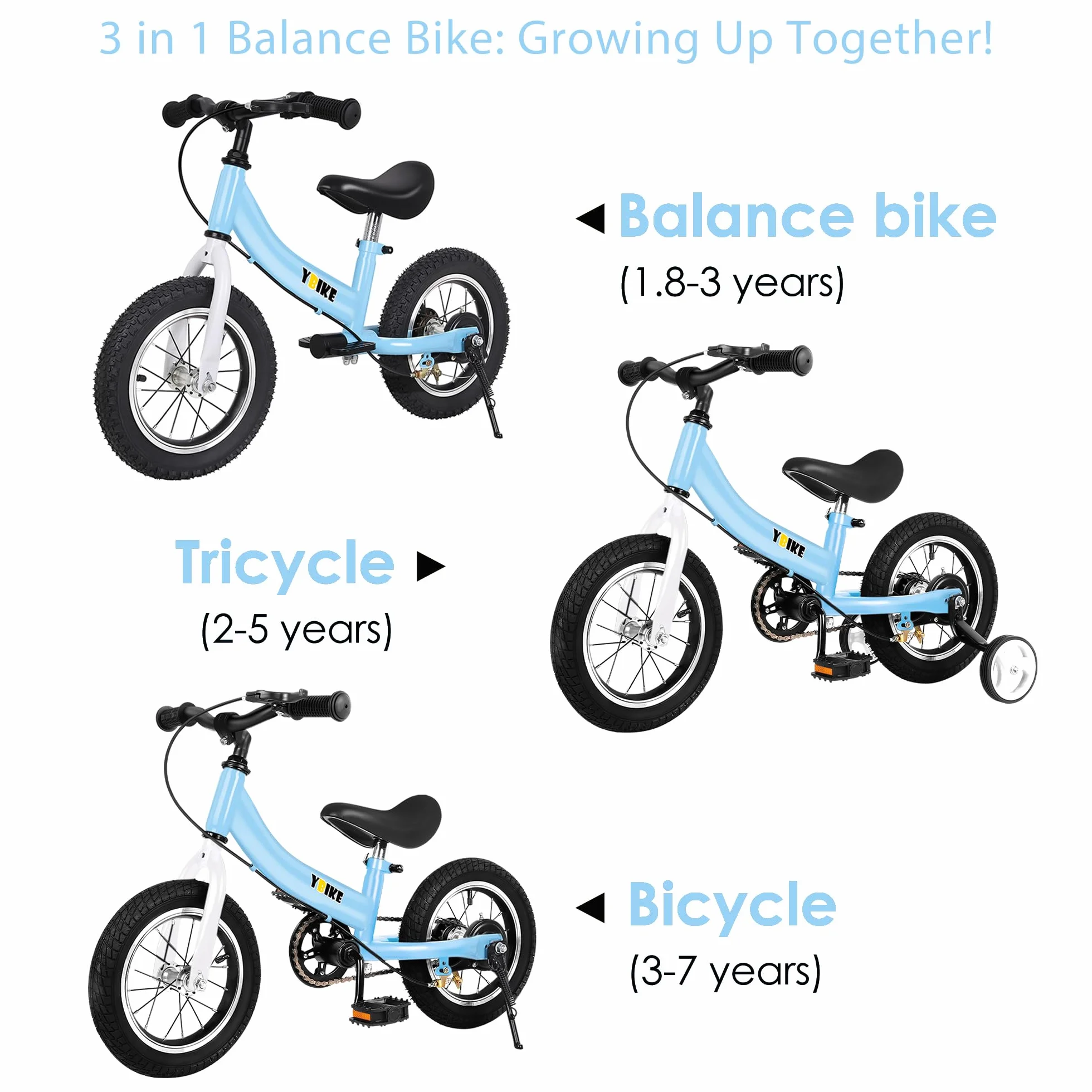 YBIKE Bicicleta De Equilibrio 2 En 1,Bicicletas para Niños Función De Doble Uso,Adecuada para Niños De 1 a 7 Años, 12,14,16 Pulgadas con Freno, Pedal, Teoría De La Formación