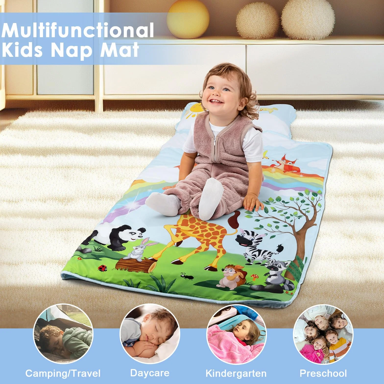 Saco de Dormir para Niños con Almohada y Manta Extra Gruesa Grande 2 en 1, Alfombrilla de Siesta para Niñas y Niños, Bolsa de Dormir Bebés para Preescolar Viajes Camping, Arco Iris Animal