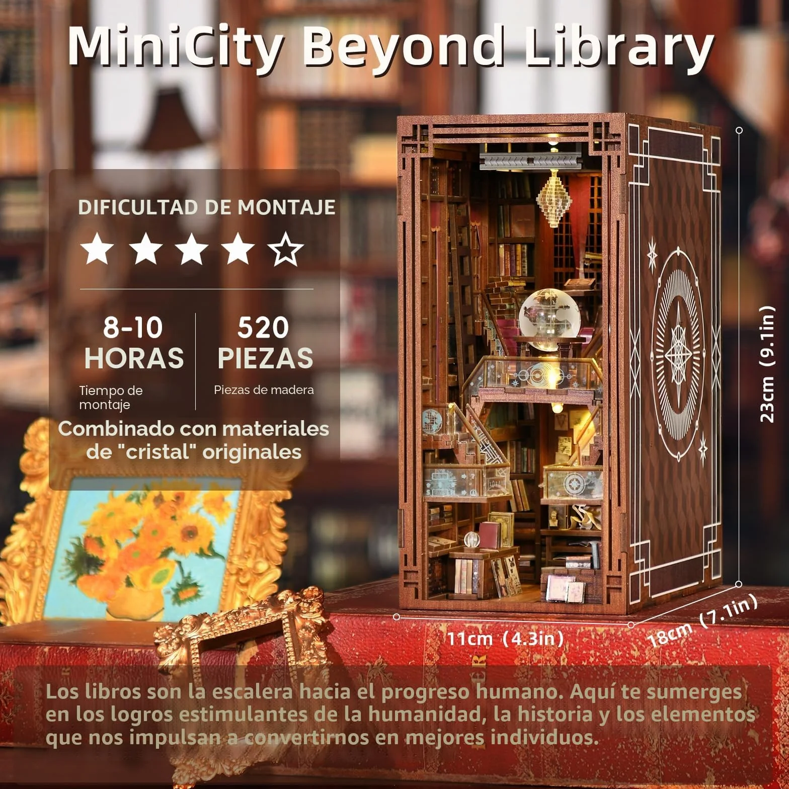 MiniCity Book Nook Kit DIY Miniature Booknook 3D Puzzle Madera con Luz LED para Estantería