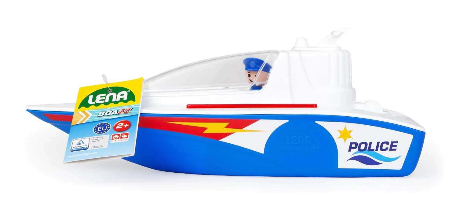 Lena - BOAZZ Barco de policía 36 cm, Barco de Juguete Apto para Interior y Exterior, para niños a Partir de 2 años, Cabina abatible, Dos Asientos y Figura de Juego