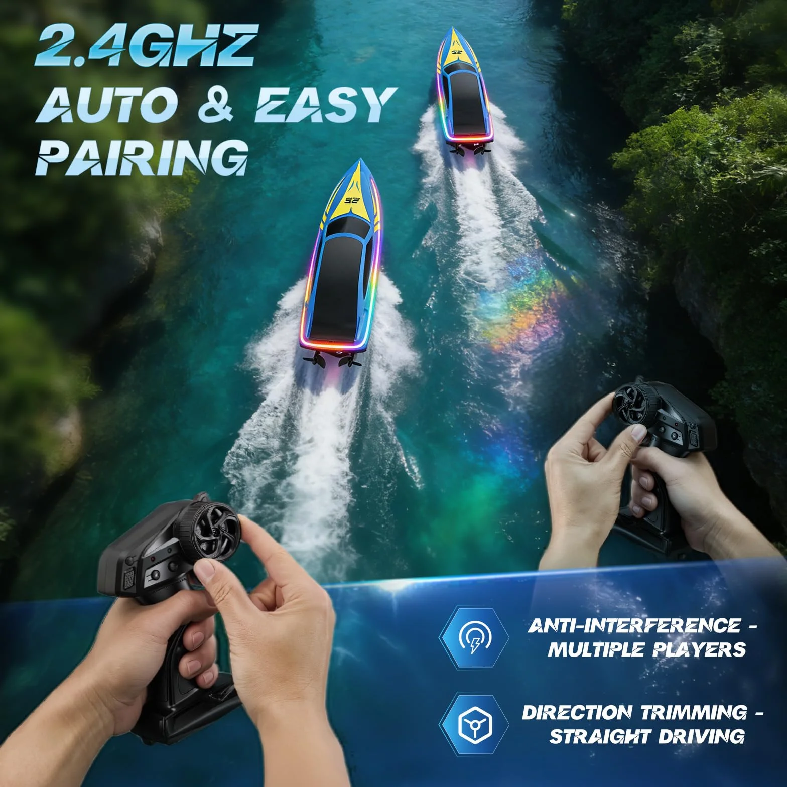 Paquete de 2 botes teledirigidos con luz LED y 2 baterías, 24 km/h, barcos de carreras de 2,4 GHz para piscinas y lagos, juguetes de agua de verano, regalo para niños de 8 a 12 años para piscinas y