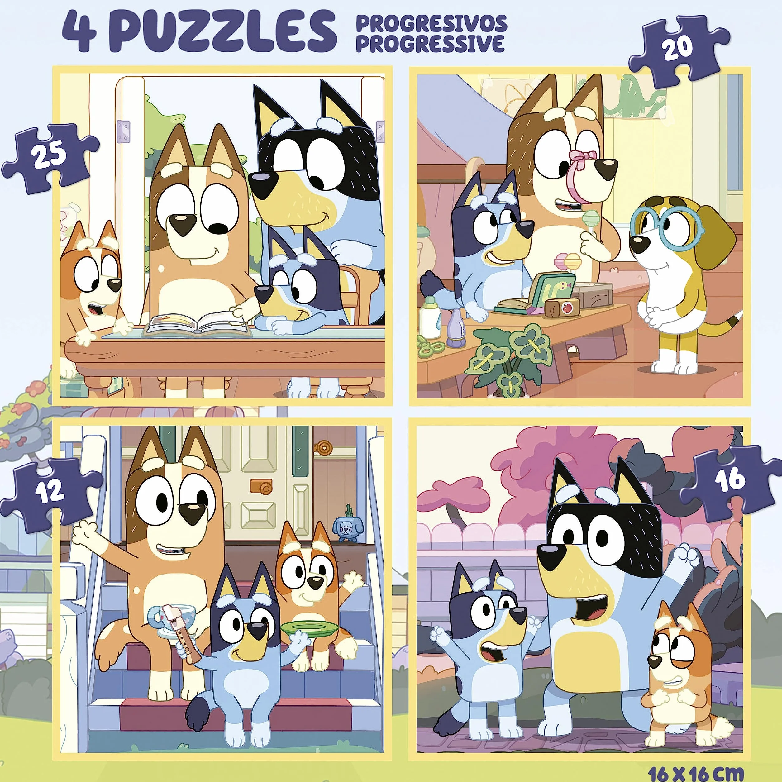 Educa - Set de Cuatro Puzzles progresivos de 12 a 25 Piezas con los Personajes de Bluey | Presentados en una magnífica Maleta para Poder guardarlos. Recomendados a Partir de 3 años (19830)