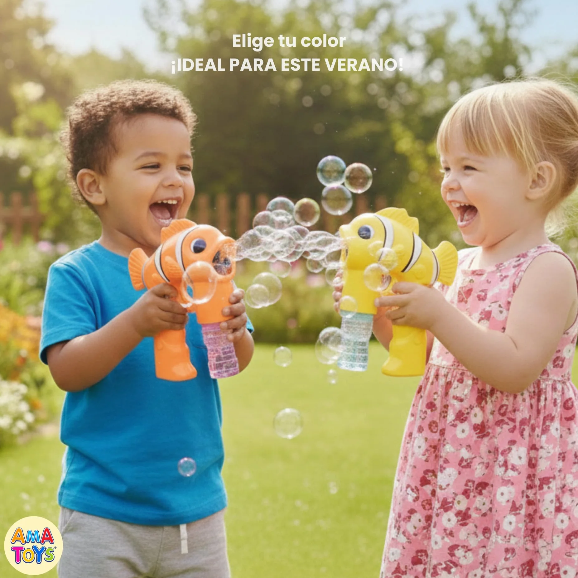 Pistola de Burbujas - Set de 3 - AMATOYS - Máquina de Pompas Automática con Luces - Forma de Animales - Pomperos para Niños y Niñas - Juguete para Piscina y Verano (PEZ_Naranja)
