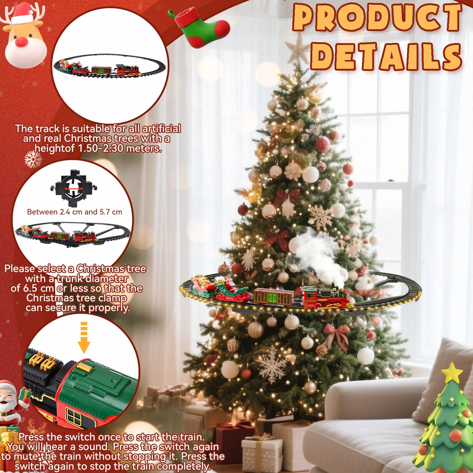 Tren Eléctrico de Navidad con Riel Luminoso - Tren Navideño para Árbol con Luces LED Cálidas, Spray y Sonido, Set Clásico de Trenes de Navidad para Niños 3 Años o Más - Regalo Mágico