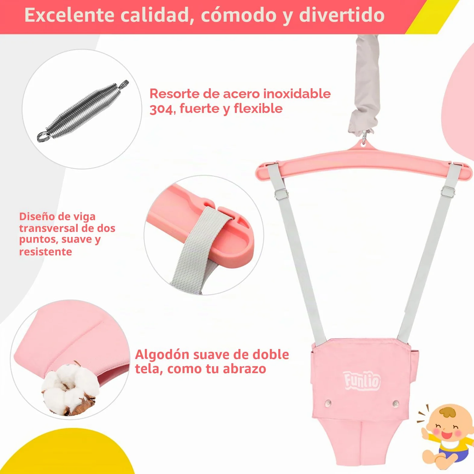 FUNLIO Saltador de Puerta con Soporte para bebé （6-24 Meses Juego de Ejercicio de Columpio para Jugar en Interiores/Exteriores para bebé niña/niño, con Cadena Ajustable, fácil de Montar - Rosa