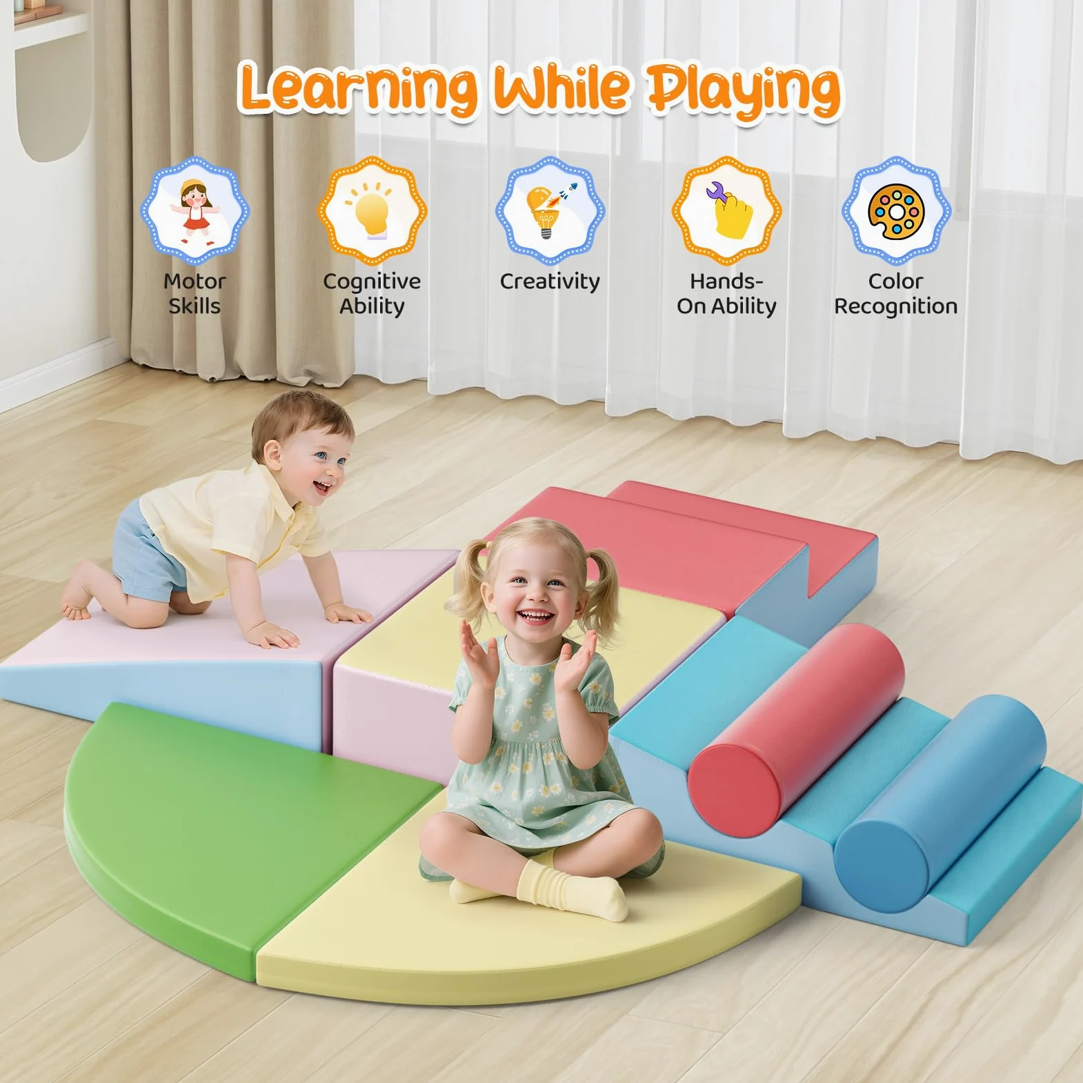 8p - Bloques de escalada blancos para niños, bloques de escalada para bebés, revestimiento de PU resistente a los arañazos, fácil de limpiar, cierre de cremallera oculta, espuma de alta