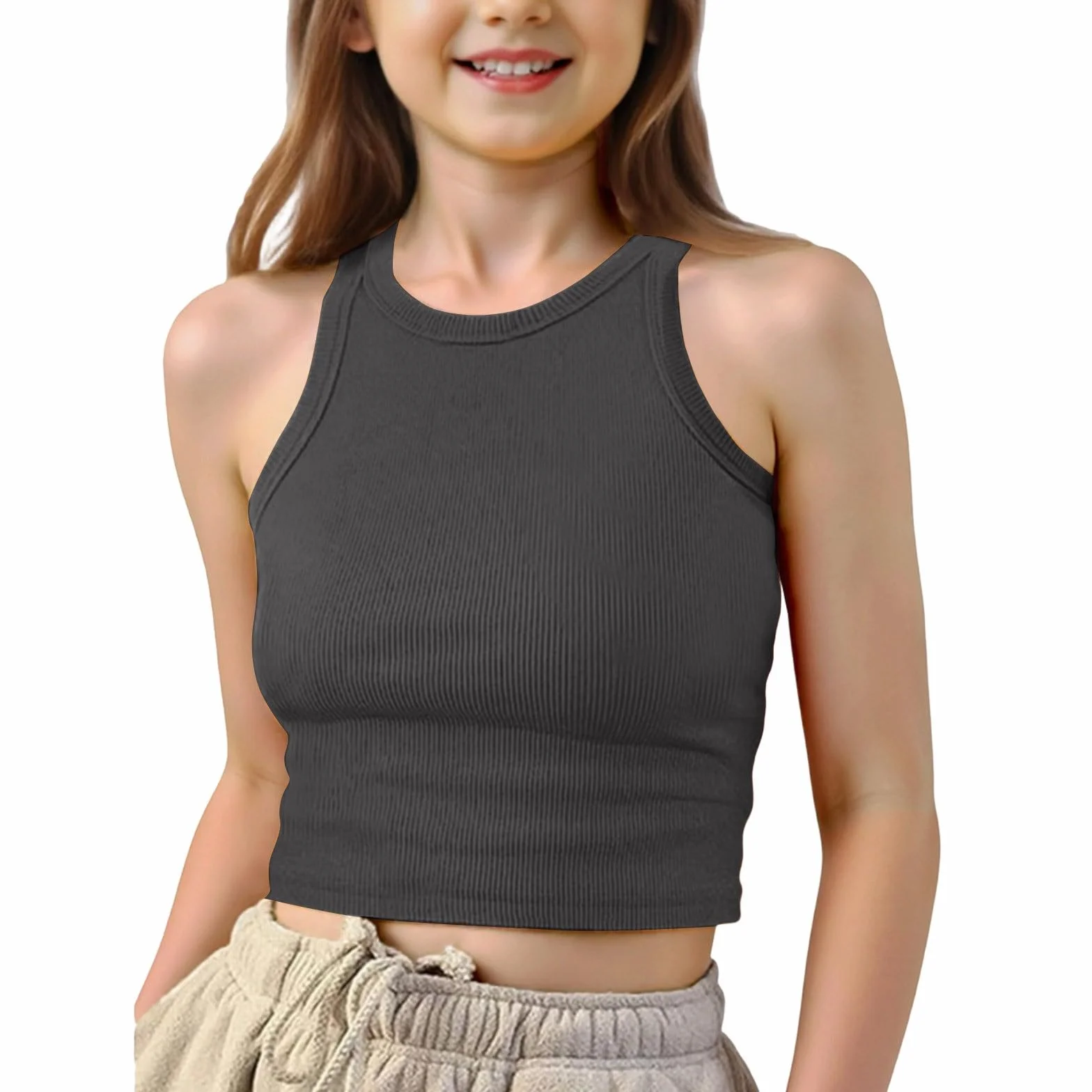 Camiseta sin mangas acanalada para niñas cuello redondo color liso ballet gimnasia danza