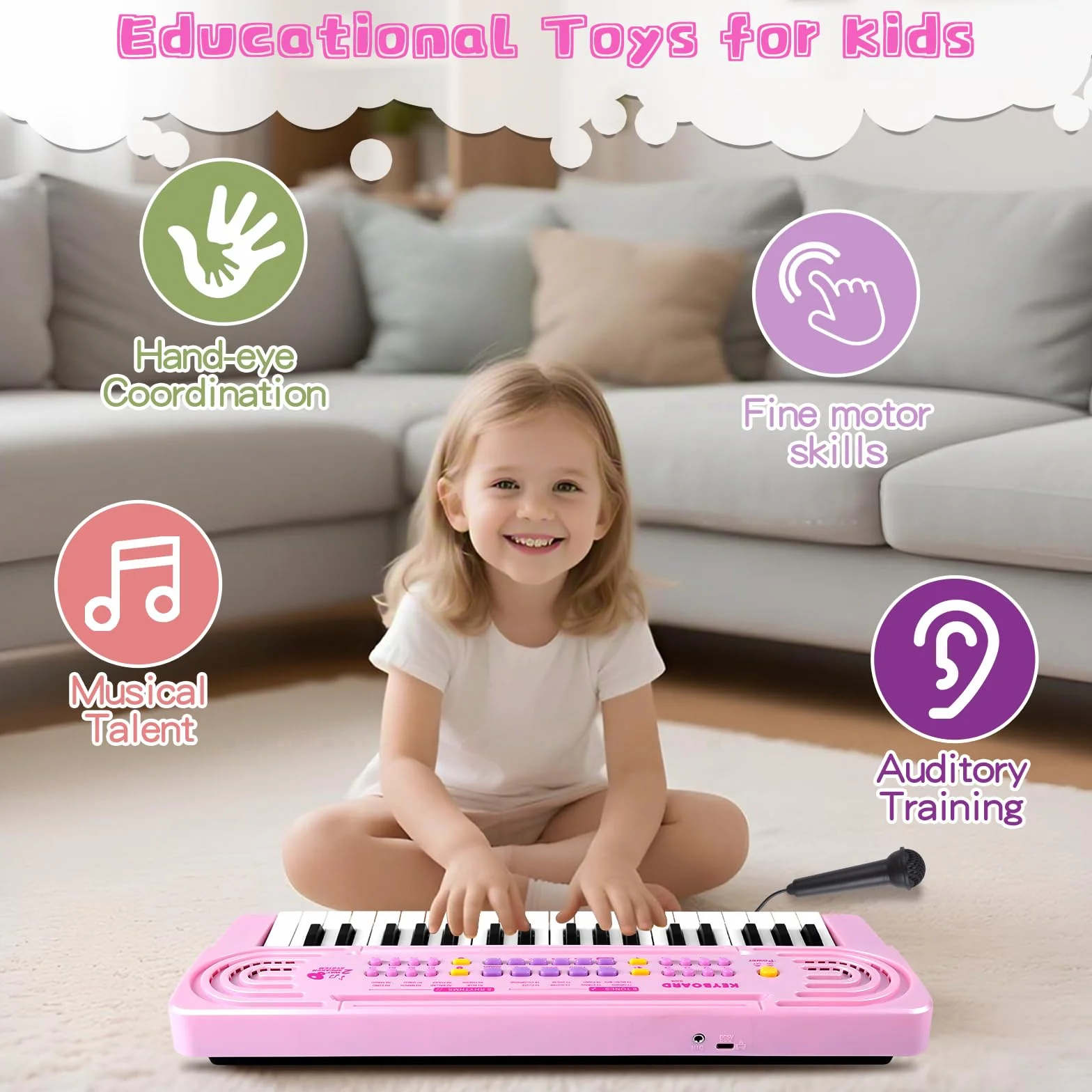 Teclado Electrónico Piano Infantil, 37 Teclas Teclado Multifunción Portátiles con MicróFono, Organo Electronico Piano Musical Regalo para de Niños y Niñas para Niños 3+ Años, Seguro y Duradero