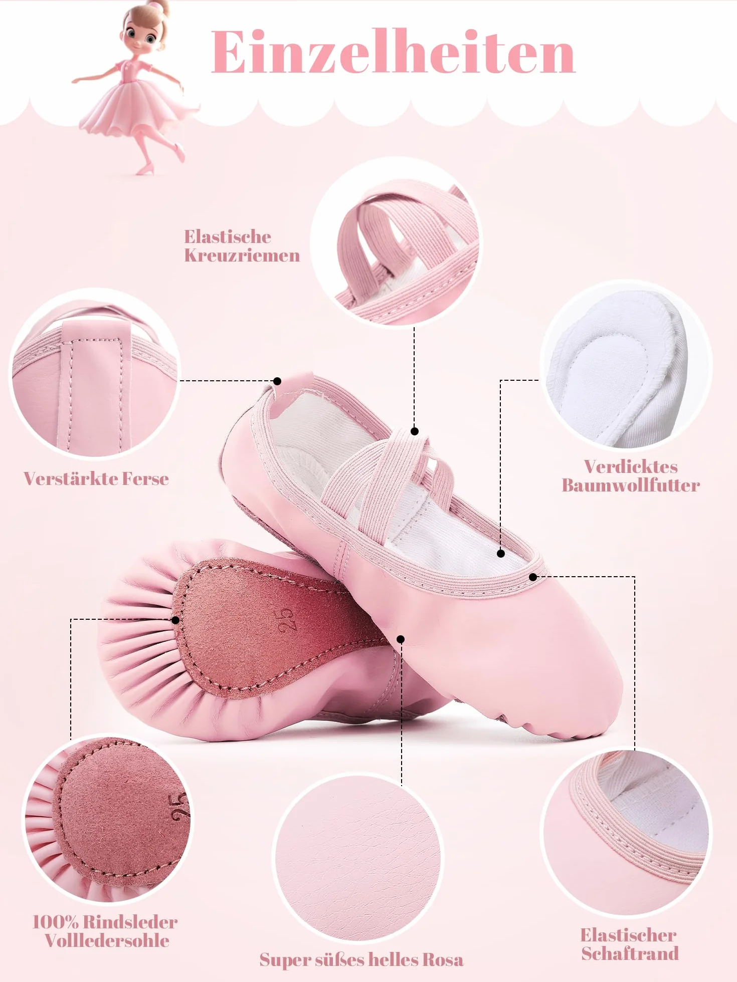 Zapatillas de ballet niña piel forro algodón grueso suela piel completa correas precosidas