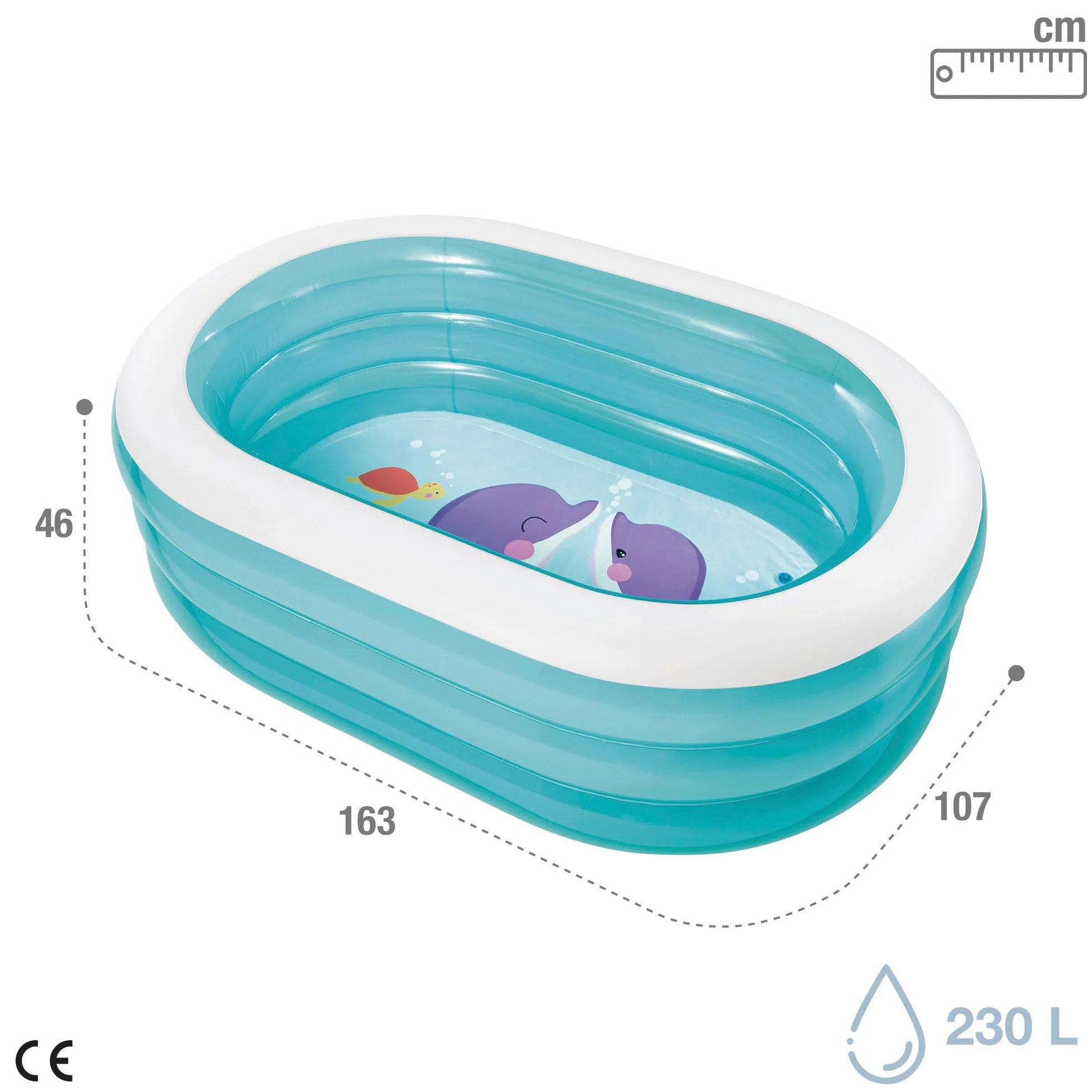 Intex Piscina Hinchable Infantil, 3 Anillos Azul Transparente, 163x107x46 cm, 230 litros, Vinilo Resistente, tapón de desagüe, Uso Exterior, jardín, Verano, Incluye Parche de reparación (57482)