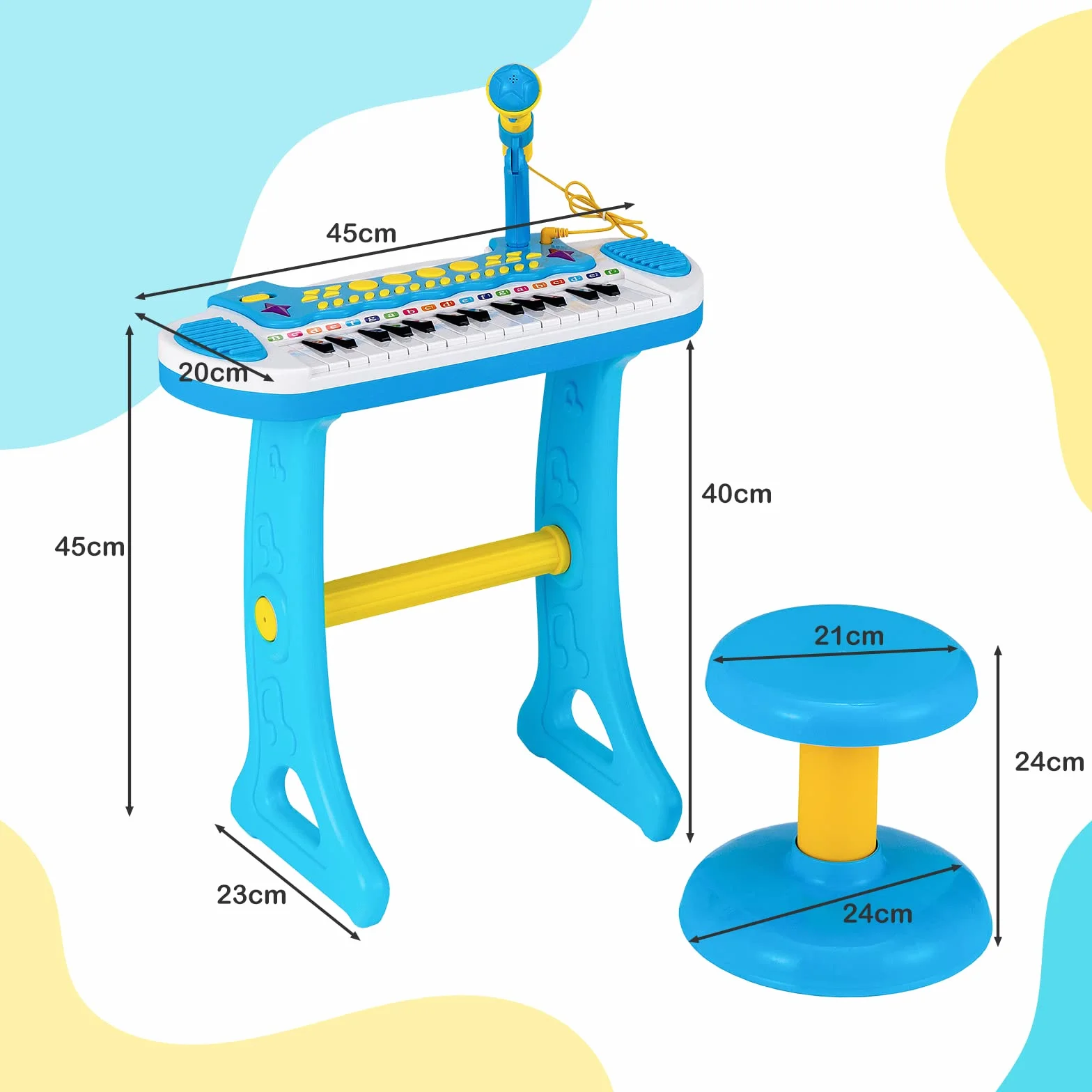 COSTWAY Teclado Piano Infantil de 31 Teclas, Juguete Musical Piano Infantil para Niños con Efectos de Luz, Múltiples Sonidos, Micrófono y Taburete, Órgano Electrónico Educativo para 3＋Niños (Azul)