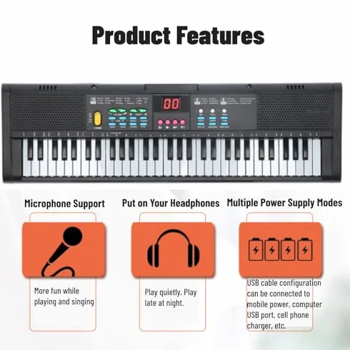 Teclado Piano 61 Teclas Teclado de Piano Digital con Micrófono Cable USB Altavoces Duales para Niños Principiantes