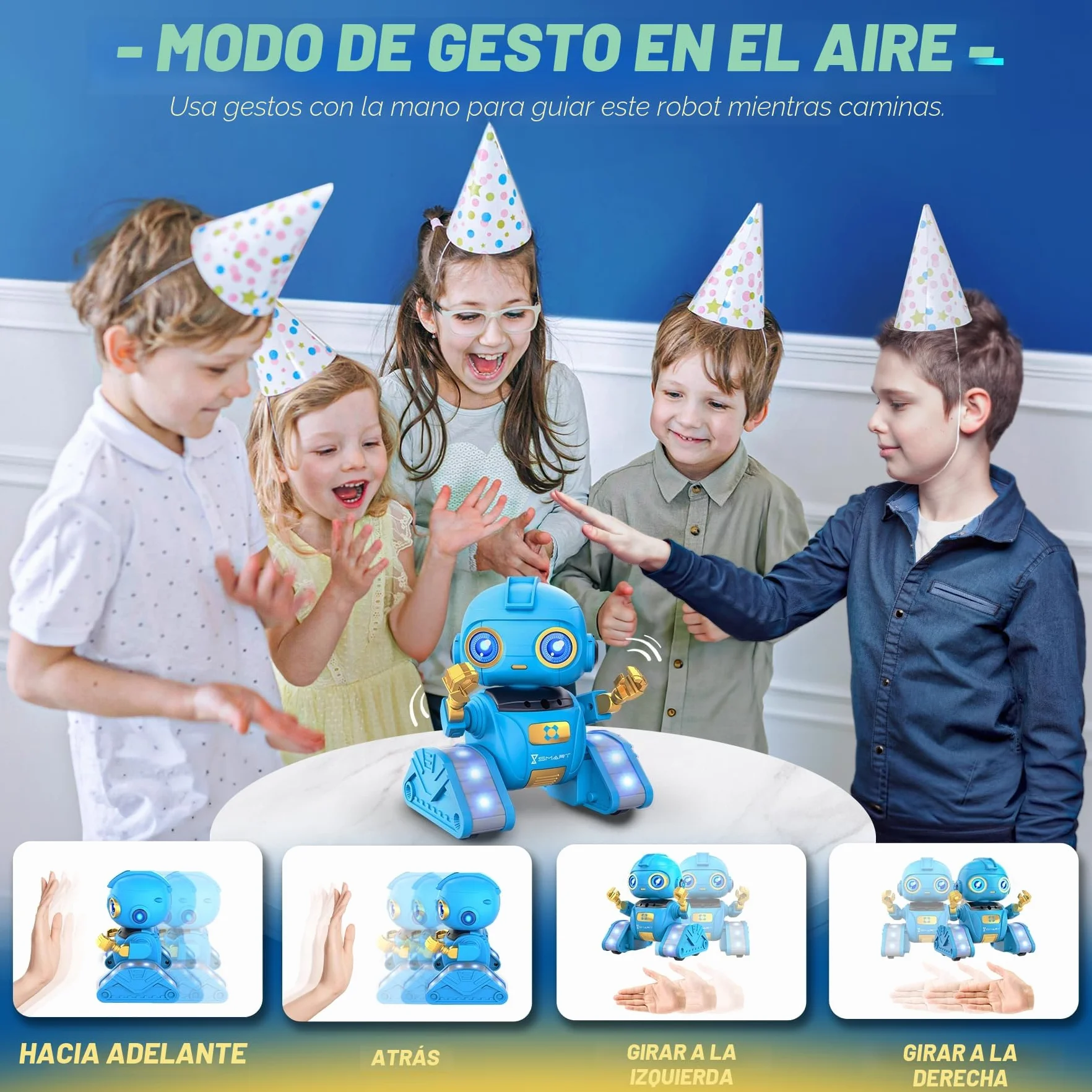 Ophy Robot Niños Juguetes Recargables y Proyectables RC Robot con Ojos LED y Música Juguete RC con Sensor de Gestos para A Partir de 3 4 5 6 7 8 9 10 años Regalo Azul Víspera de Todos los Santos