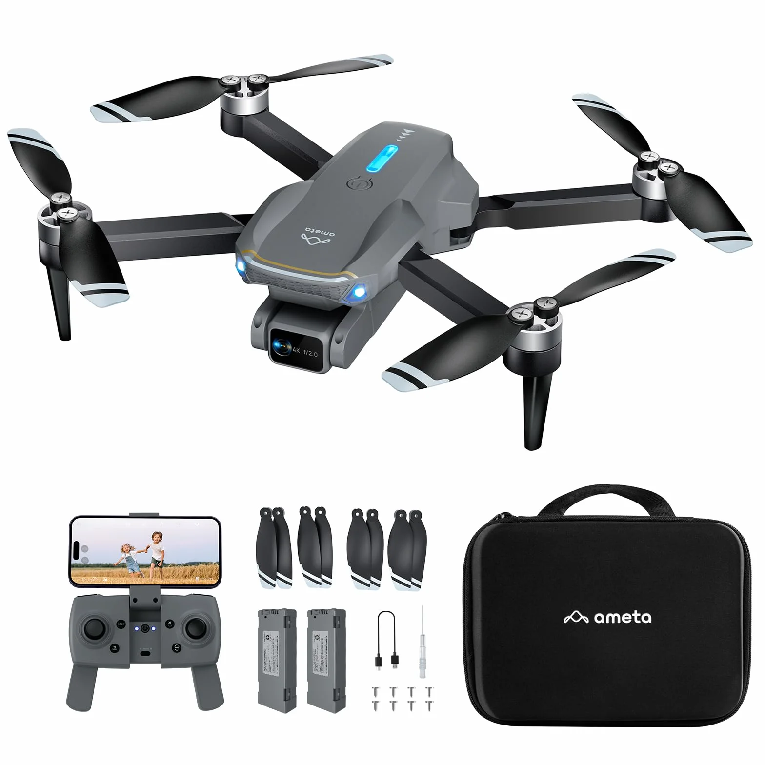 Ameta Drones con Camara 4K para Adultos, S20 Lite Dron para Niños Motor Brushless, Mini Drone FPV con 36min de Vuelo/Altitud Retención/Vuelo Círculo, Juguetes Regalo para Niños, Menos de 249g