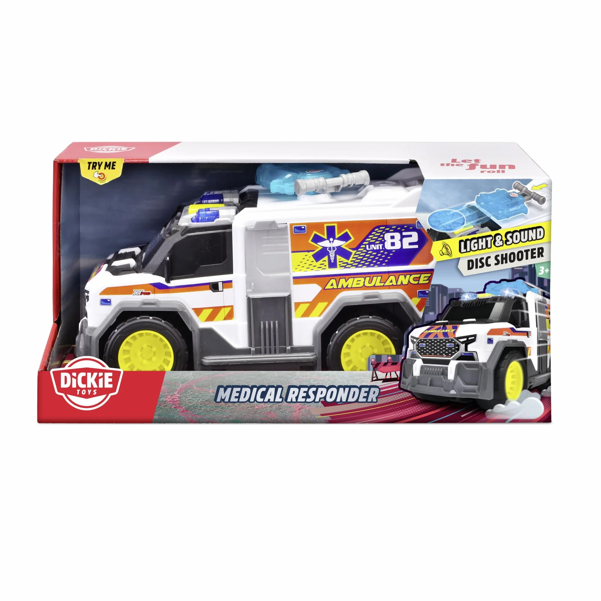Dickie Toys City Heroes Ambulancia 30cm con luz y Sonido, rampa para Camilla,Compartimento de almacenaje y Lanzador de Discos. A Partir de 3 años (203306024)