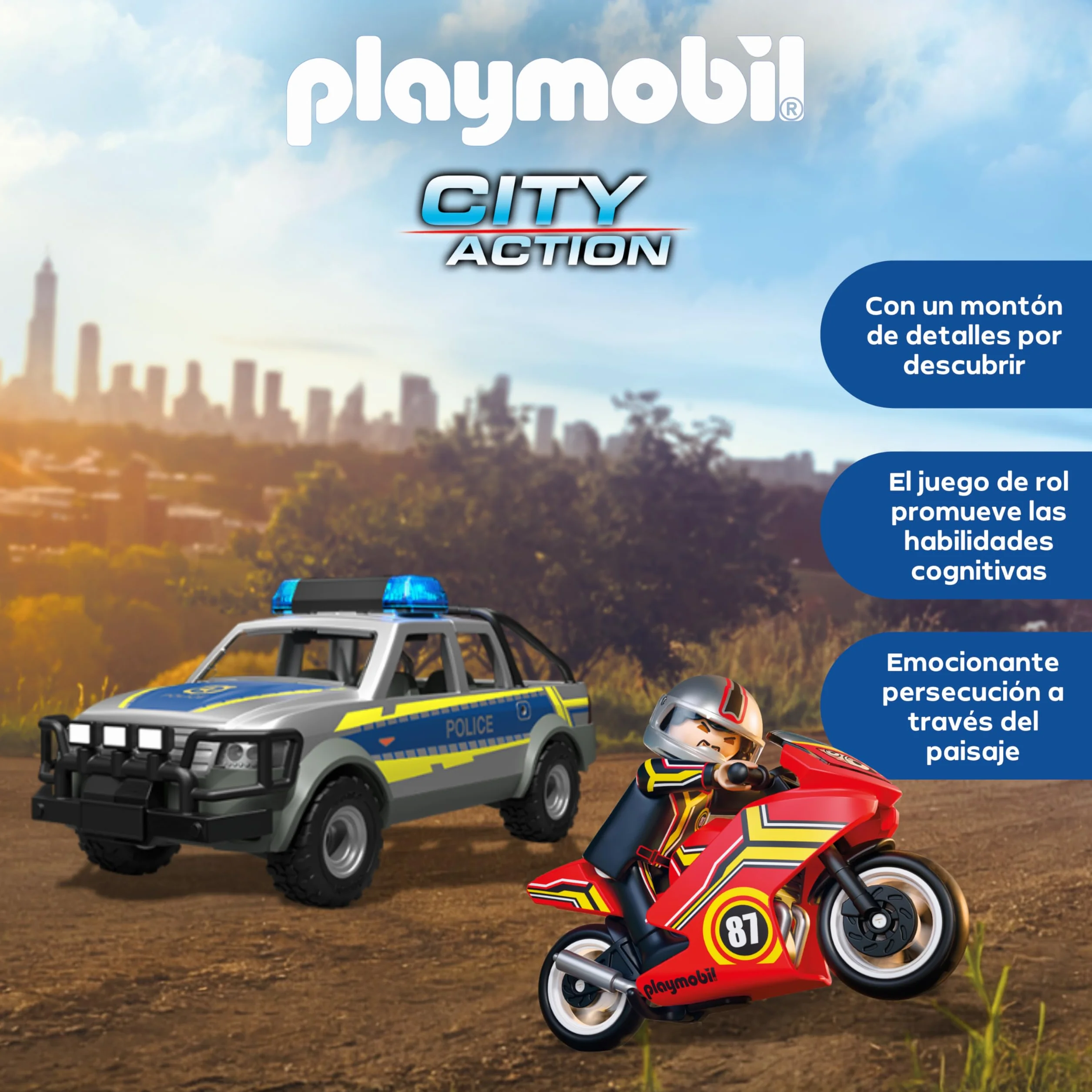 PLAYMOBIL Action Heroes Persecución con Camioneta Policial Juguete con Luces y Sonidos para Mayores de 4 Años 71875