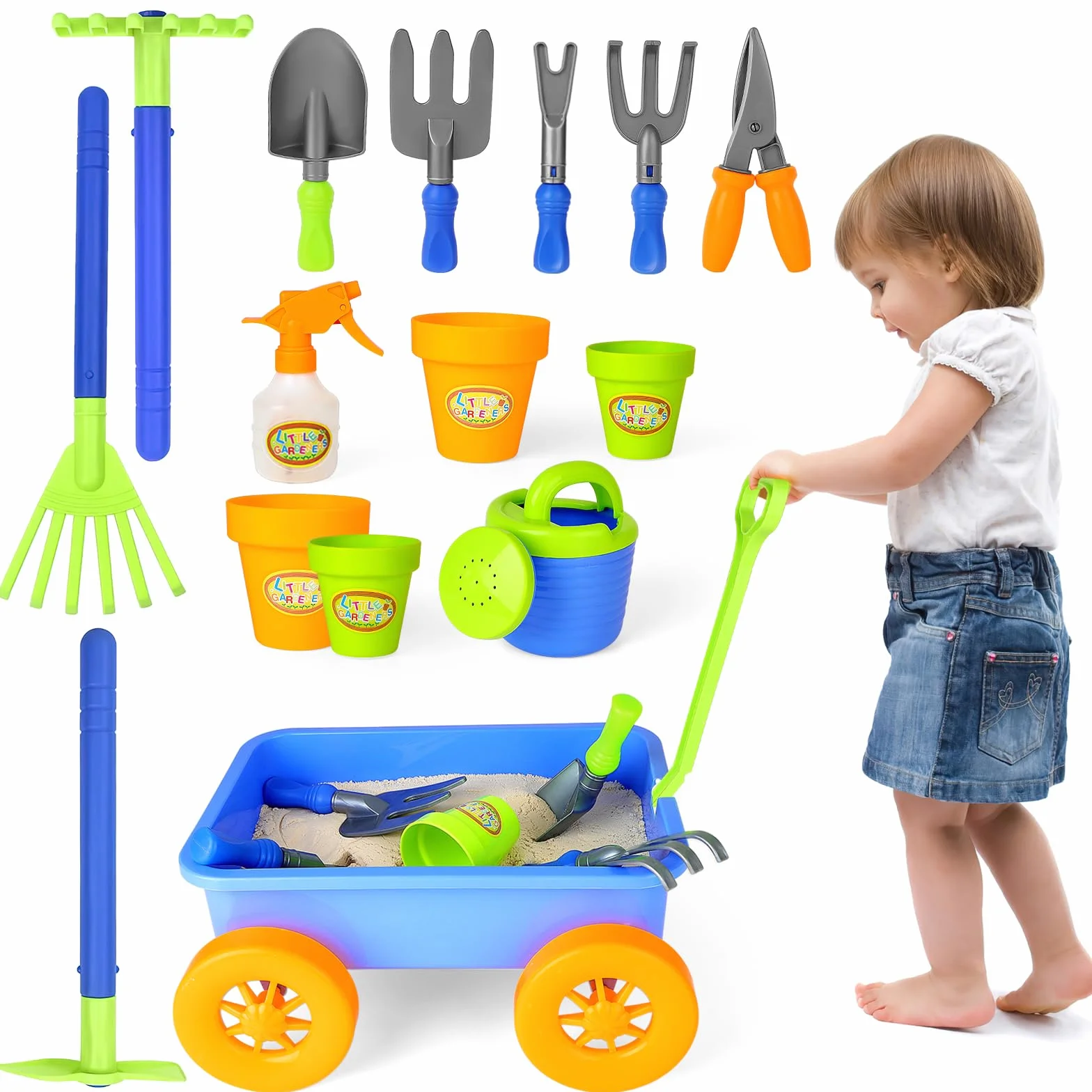 deAO Carretilla y Herramientas de Jardín para Niños y Niñas - Juego de Juego con Herramientas de jardinería, Incluye 10 Accesorios y 4 Macetas para Plantas (Azul)
