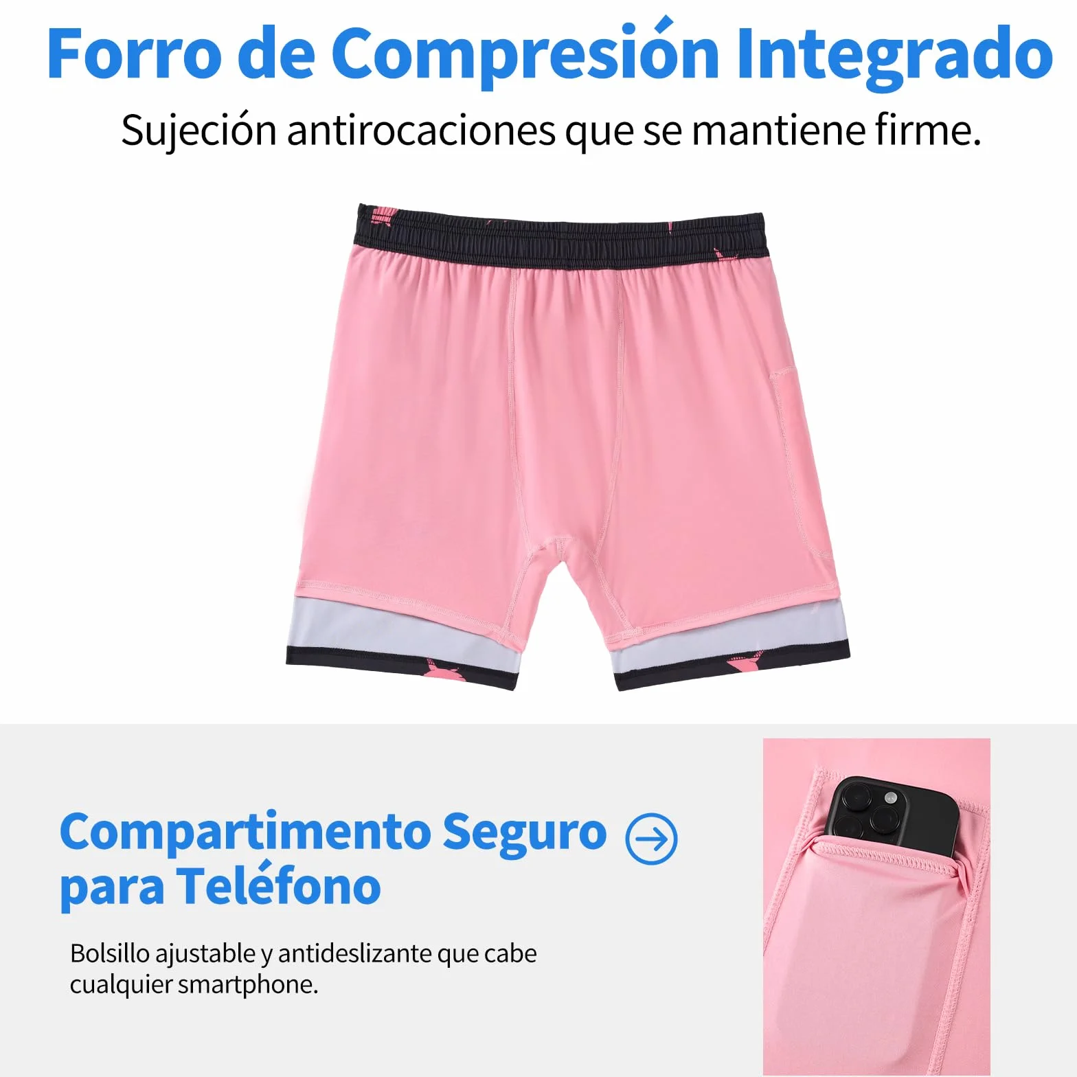 Bañador Hombre Corto 2 en 1 con Forro de Compresión Secado Rápido Impermeable Bolsillos Cremallera Short Playa Surf