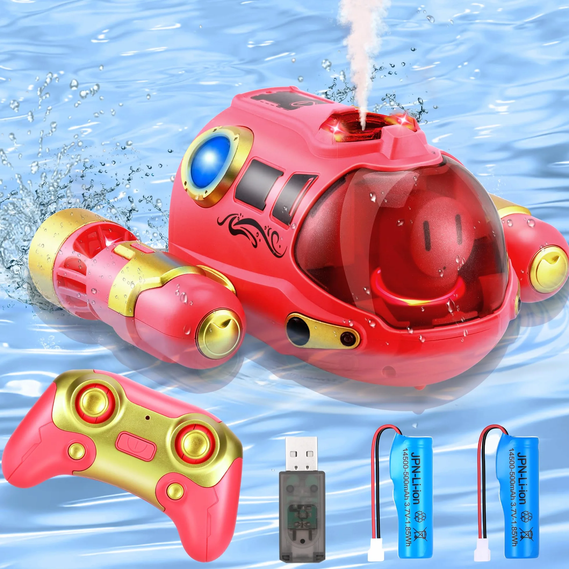 Barco Teledirigido Niños, Barco RC con Spray/luz de luz, Lancha Teledirigida con 2 Baterías Recargables, 2.4GHz RC Juguete Barco para Piscinas y Lagos, Regalo para niños y niñas
