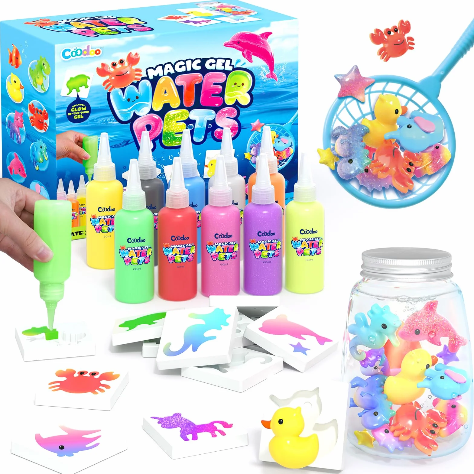 Coodoo Aqua Gelz Set, Juguete de Gel de Agua Mágico DIY, Juego de Gel Mágico con 10 Colores y 8 Moldes, Creativo Manualidades Niños, Juguetes Juegos Kit Pintura Regalo para Niños Niñas 3 4 5 6 Años