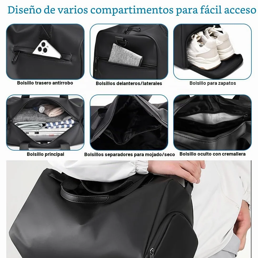 Bolsa Deporte con Compartimento Zapatos y Bolsillo Húmedo, Gym Bag para Hombre y Mujer, Viaje, Fitness, Entrenamiento (Noir)