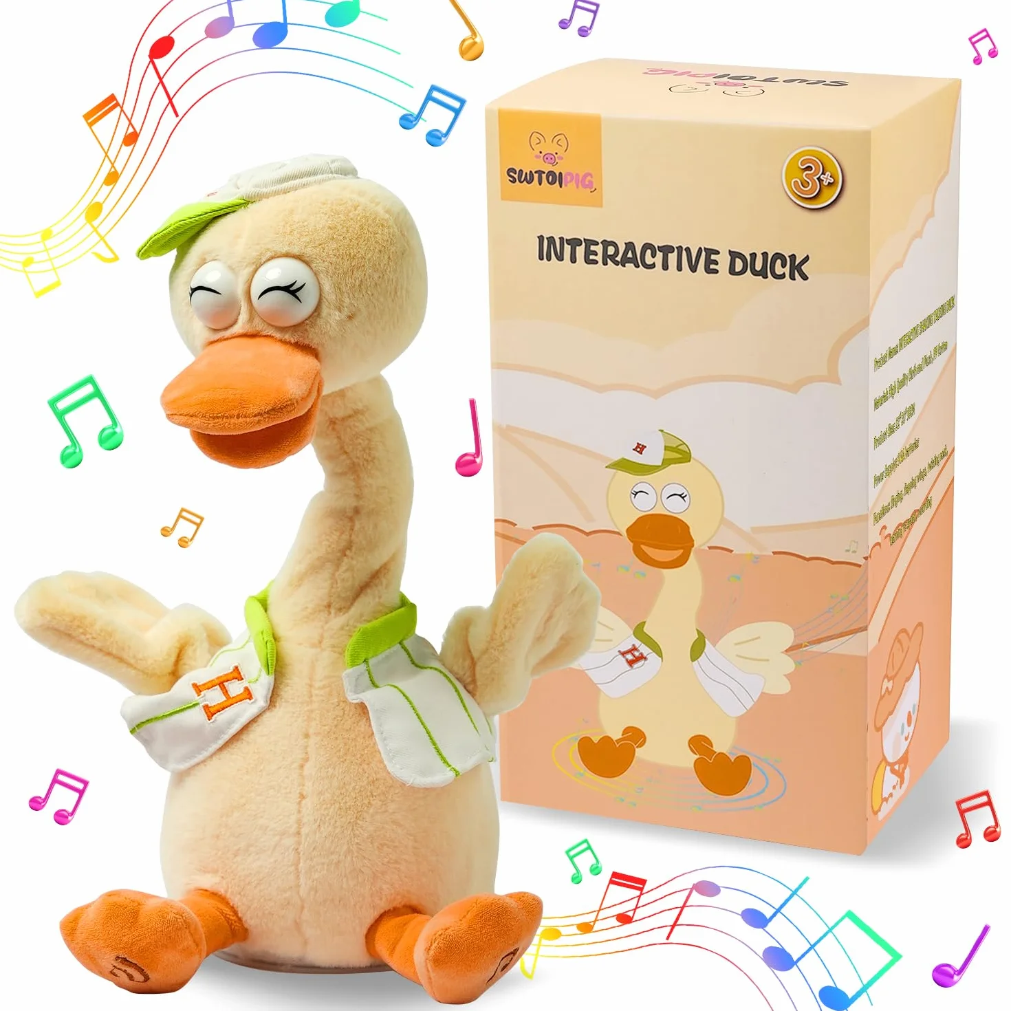 Pato de peluche, cuello de pato estirado, sonido de canto y graznido de pato, juguetes educativos interactivos de animales de peluche de diseño lindo para niños, desarrollo de la inteligencia musical