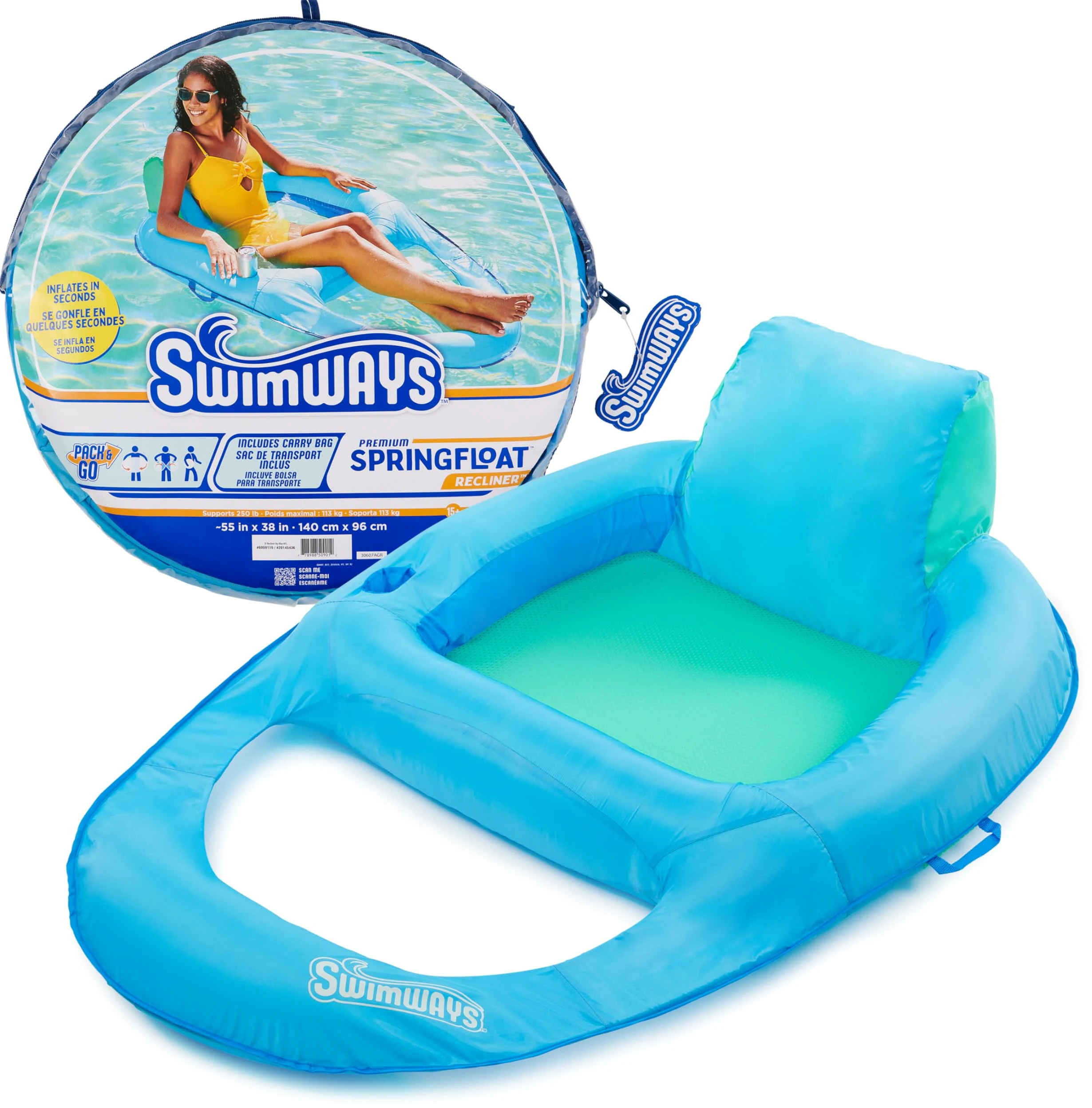 SwimWays Spring Float - Silla reclinable para Piscina con válvula Hyper-Flate, Color Aguamarina