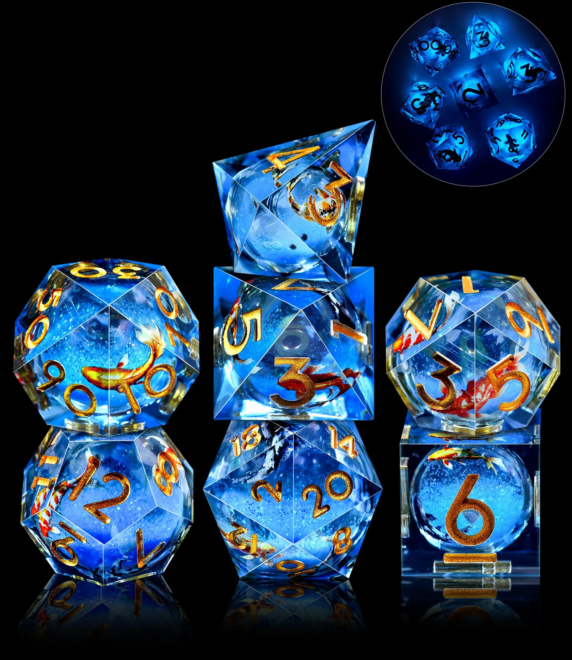 SIQUK 7 Piezas Juego Dados Poliedricos Con Nucleo Liquido Luminosos Dice DND Koi Fish D4 D6 D8 D10 D12 D20 D% para RPG MTG Dungeons and Dragons