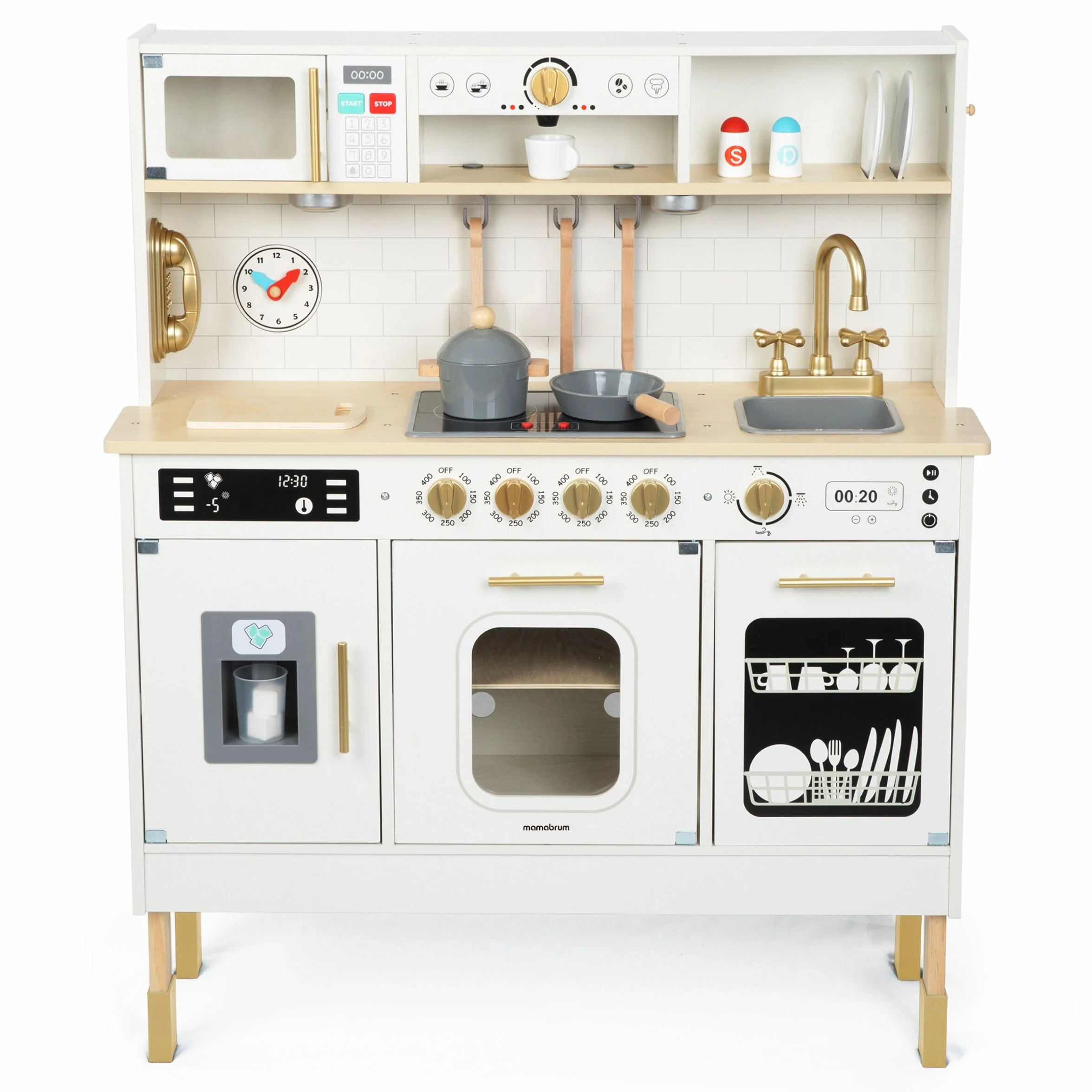 Mamabrum Cocina de Juguete para Niños de Madera con Luces LED - Juguetes Cocina Niños Interactiva con Altura Ajustable - Incluye Microondas, Lavavajillas y Accesorios - 104cm
