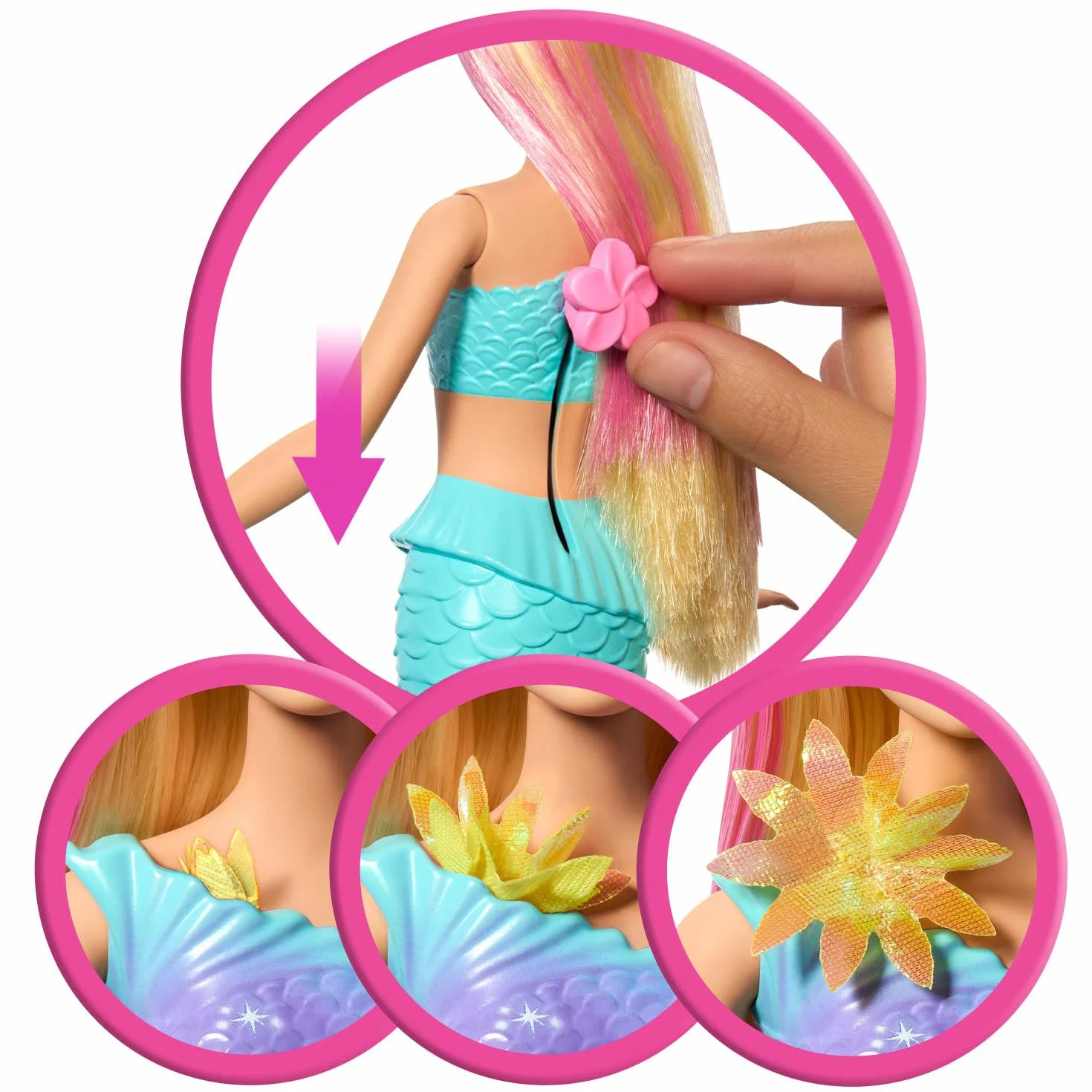 Barbie Muñecas de sirena con la característica de flores florecientes mágicas, colas con efecto degradado, accesorio de diadema de perlas y cabello largo rubio con mechas rosadas, JDM72