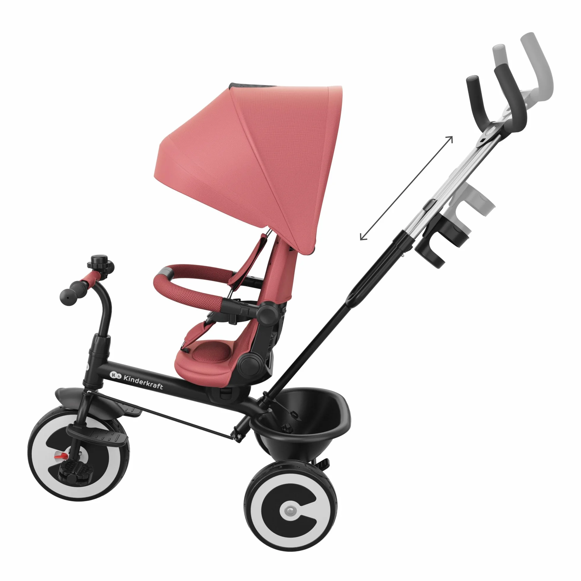 Kinderkraft Aston 2 Pro Triciclo Evolutivo, Bicicleta Sin Pedales, Bicicleta Bebe, para Niños, Cinturón, con Accesorios, Portavasos, Cesta, 9 Meses a 25 kg, Rosa