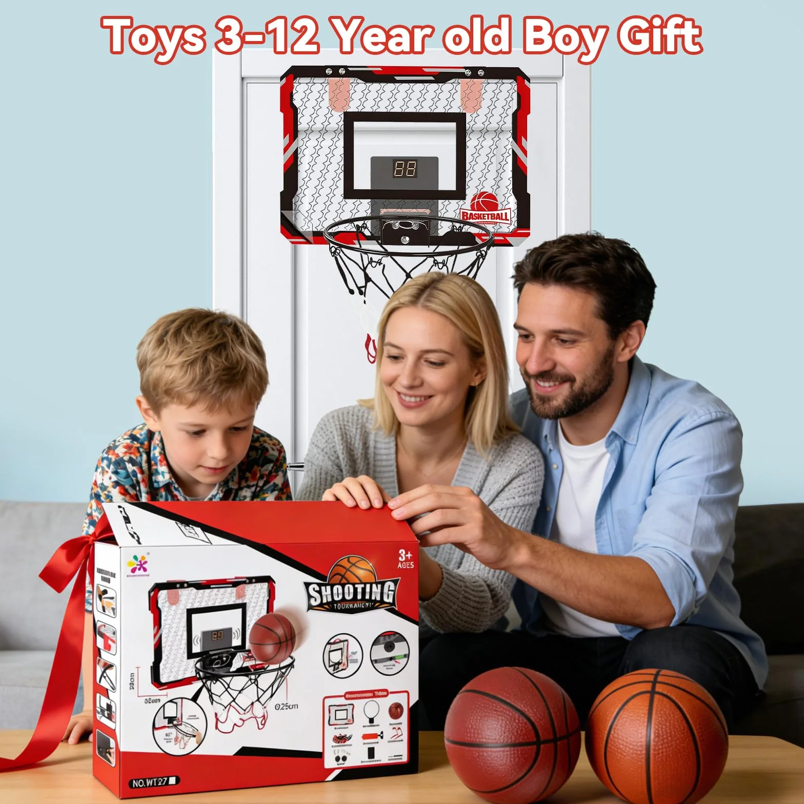 Canasta Baloncesto Infantil TEKXDD Mini con 3 Pelotas y Marcador Rojo